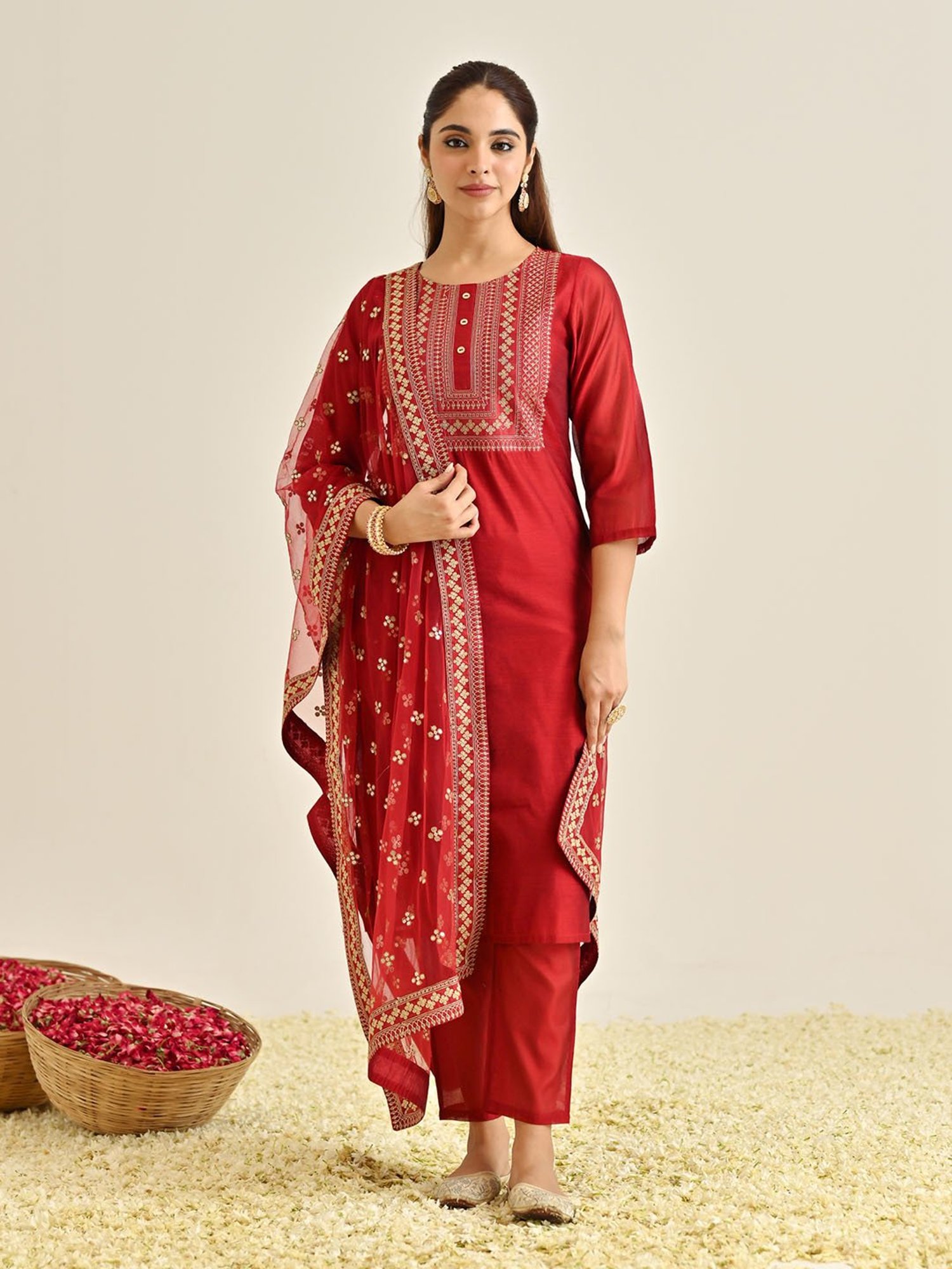 Rustorange Red Embroidered Kurta With Pant & Dupatta