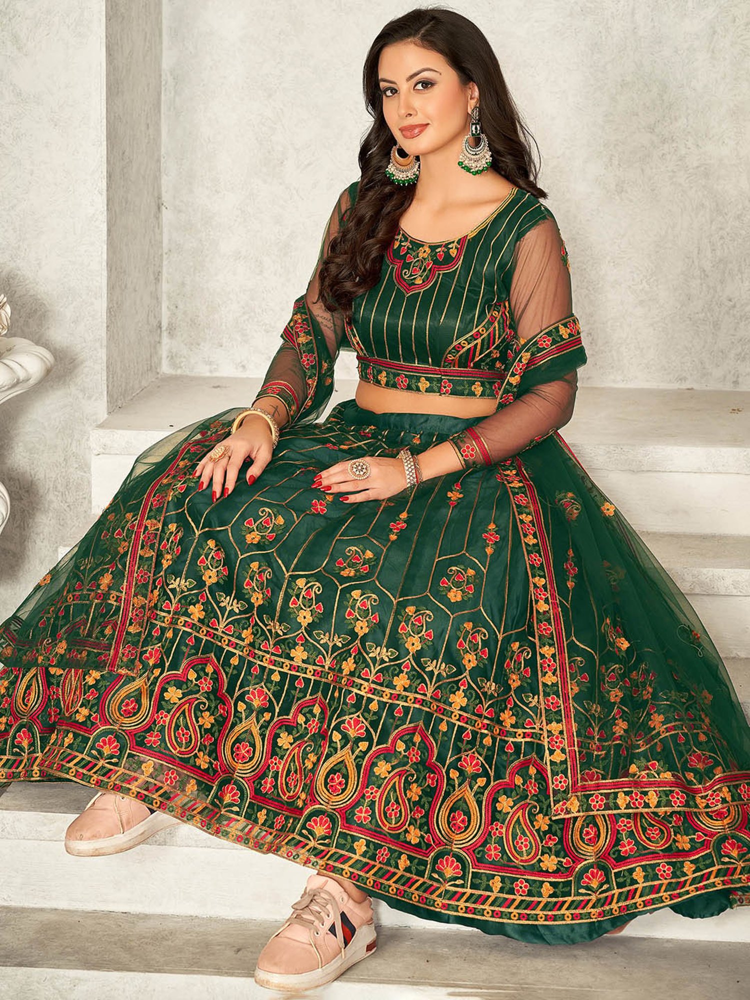 Warthy Ent Green Embroidered Lehenga Choli Set With Dupatta