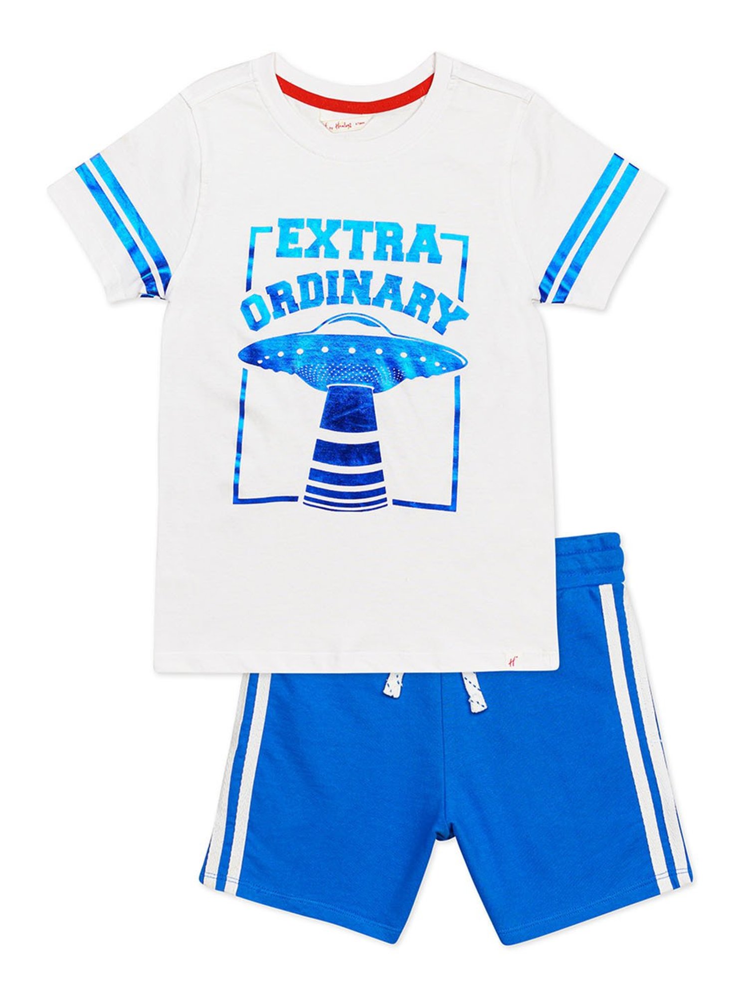 H by Hamleys Kids White & Blue Printed T-Shirt with Shorts