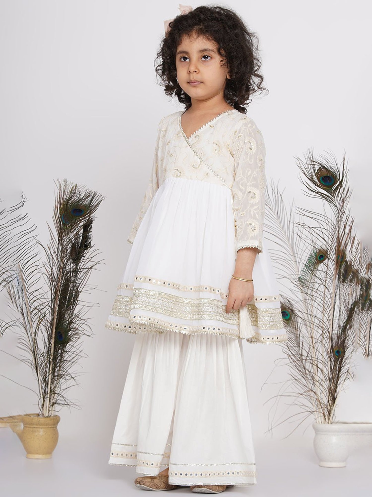 Little Bansi White Embellished 1 Kurta, 1 Sharara & 1 Dupatta