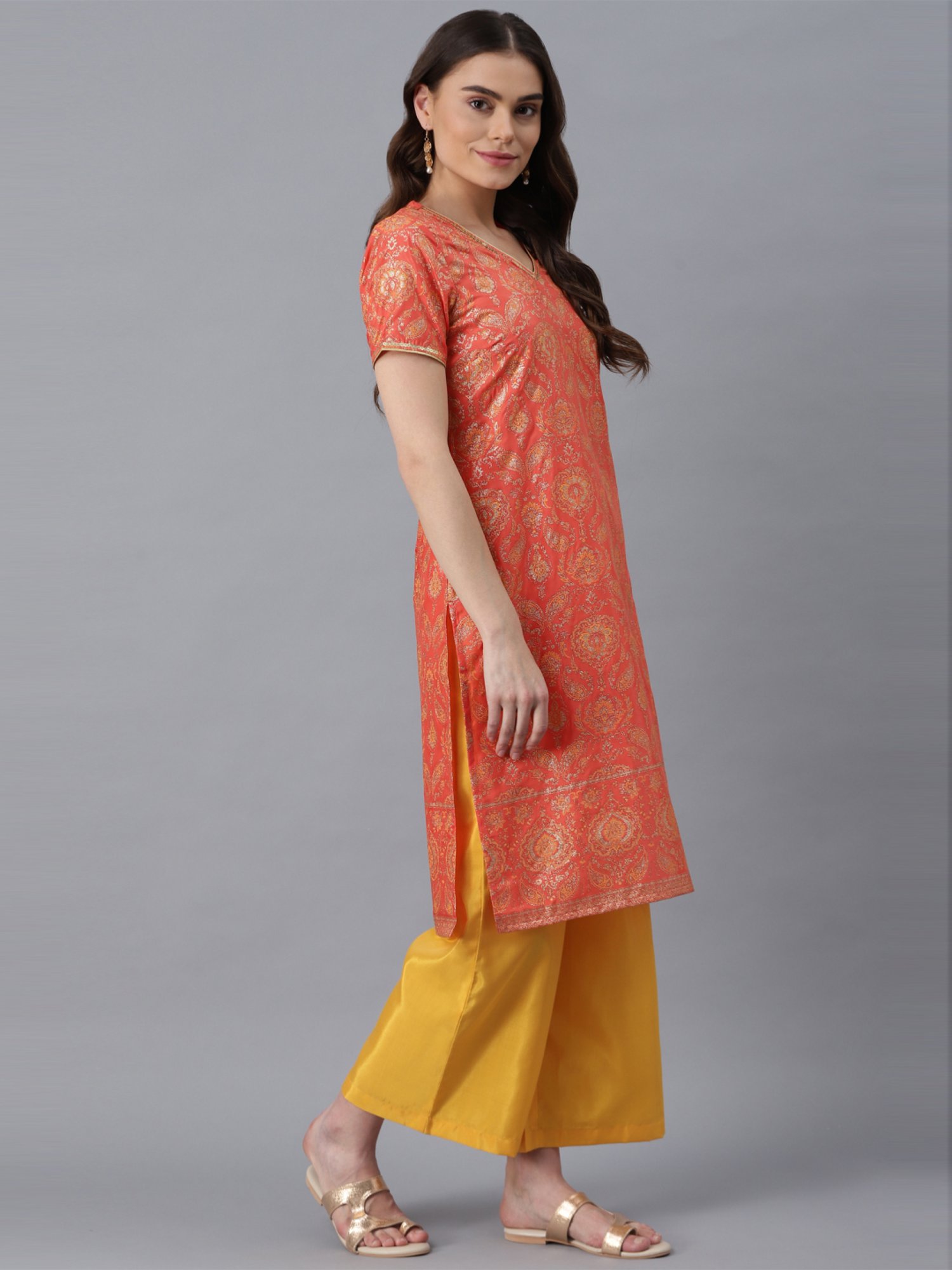 Aure by Aurelia Orange & Yellow Printed Kurta Palazzo Set