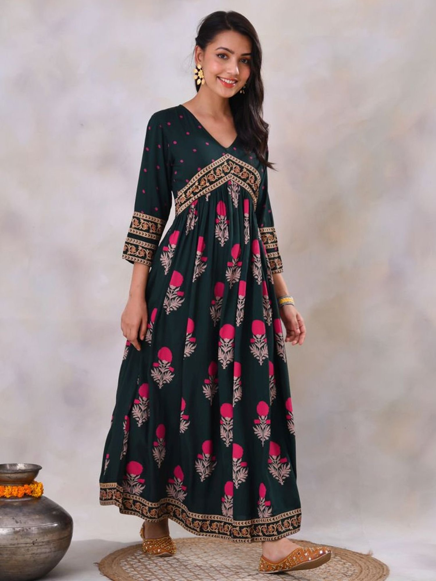 Rustorange Emerald Green Printed Dress