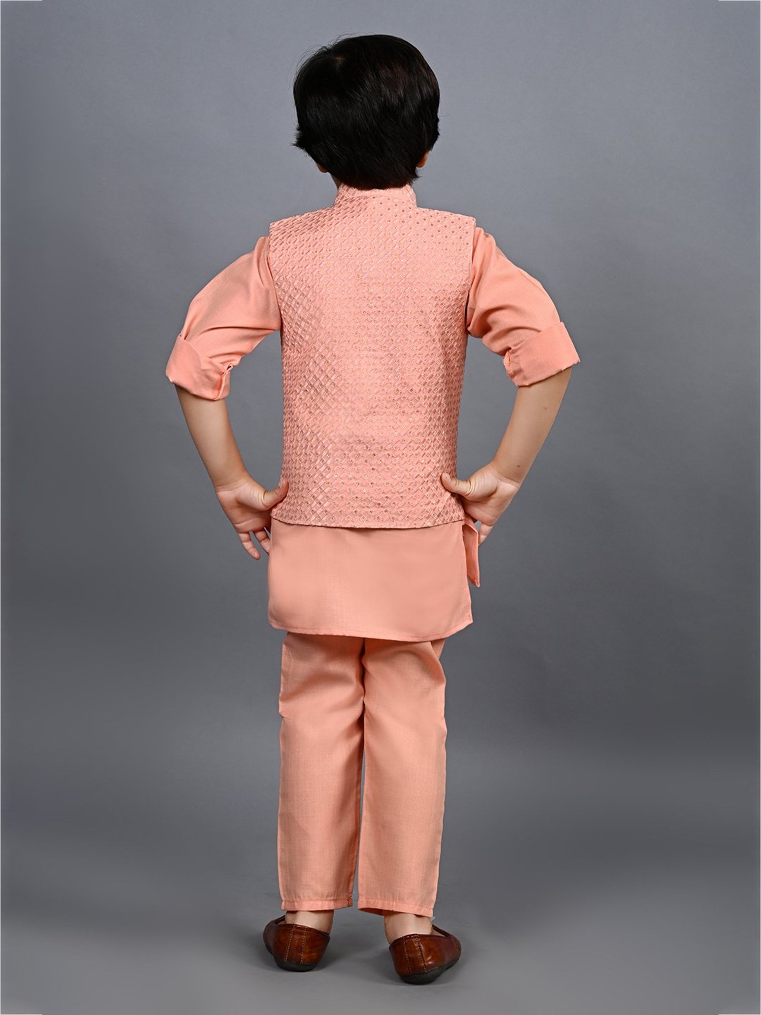 Ahhaaaa Kids Peach Embellished Full Sleeves Sherwani, Jacket & Pyjamas