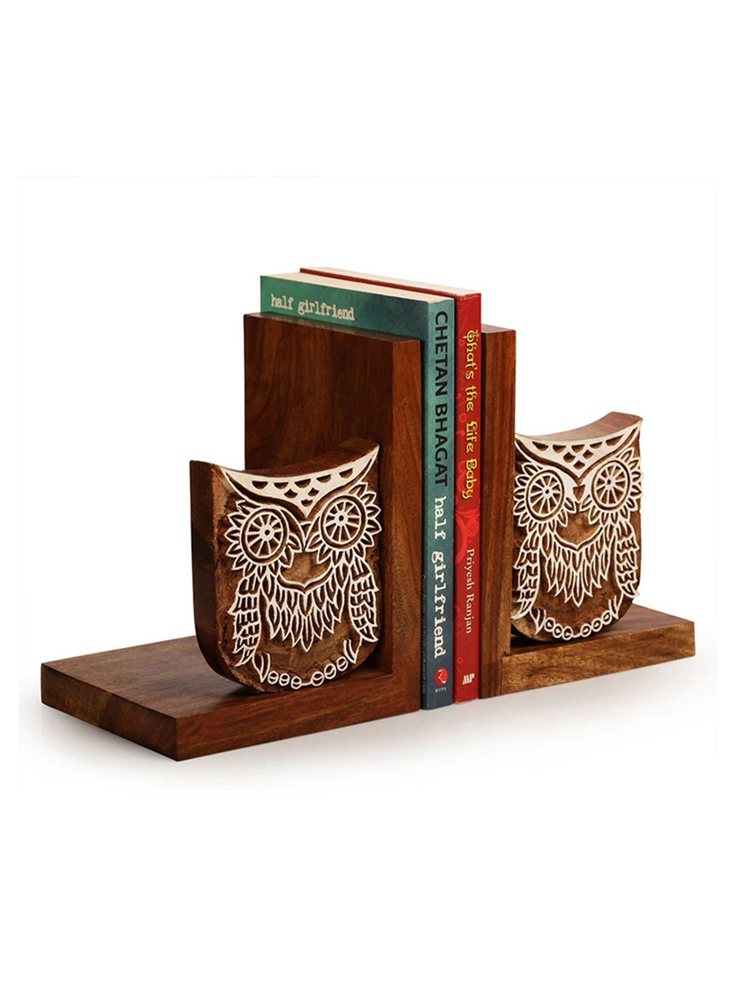 ExclusiveLane Wooden Hand Engraved Owl Book End In Sheesham Wood