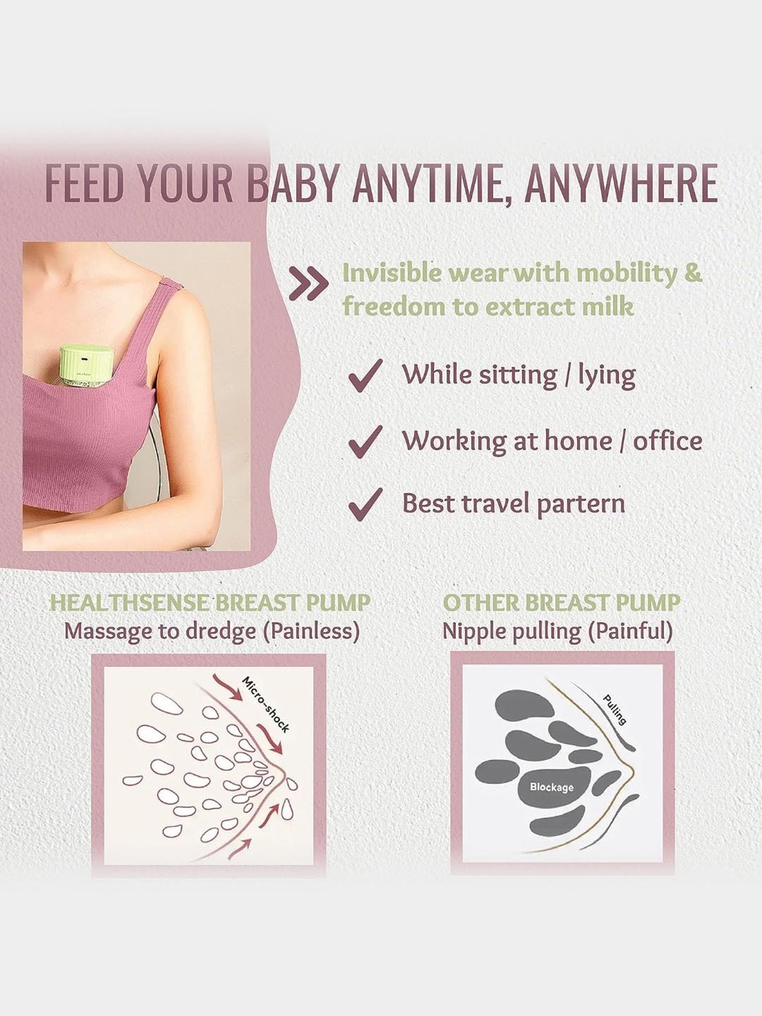 HealthSense BP 501 Wearable Electric Breast Pump with Touch Button (Green)