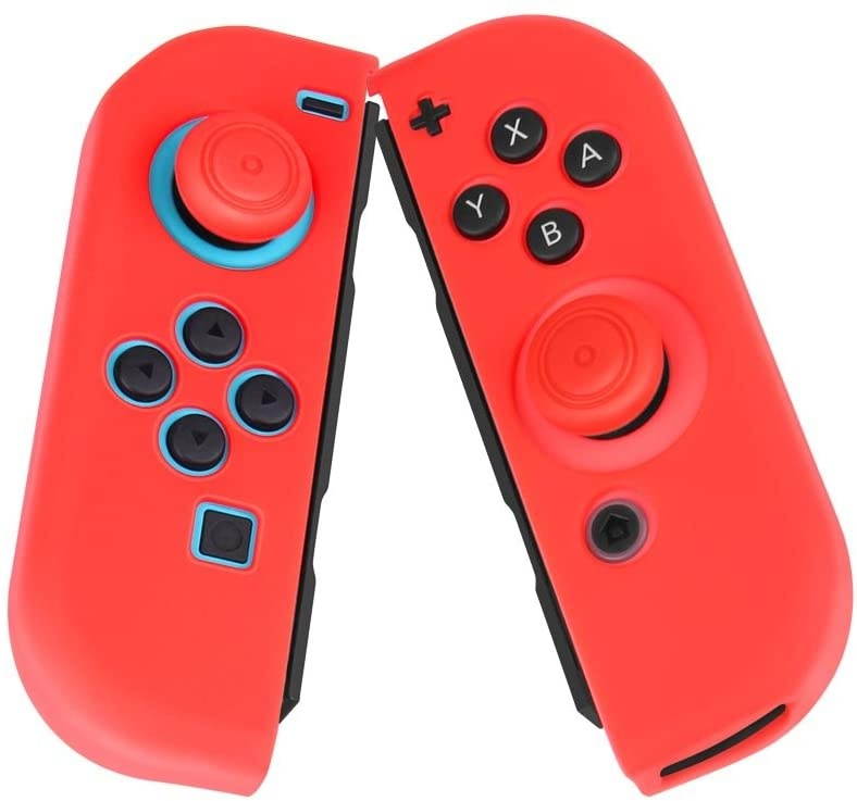 TNP Gel Guards with Thumb Grips Caps Works for Nintendo Switch Joy-Con Grip - Protective Case Covers Anti-Slip Ergonomic Lightweight Design Comfort Grip Controller Skin Accessories (1 Pair Neon Red)