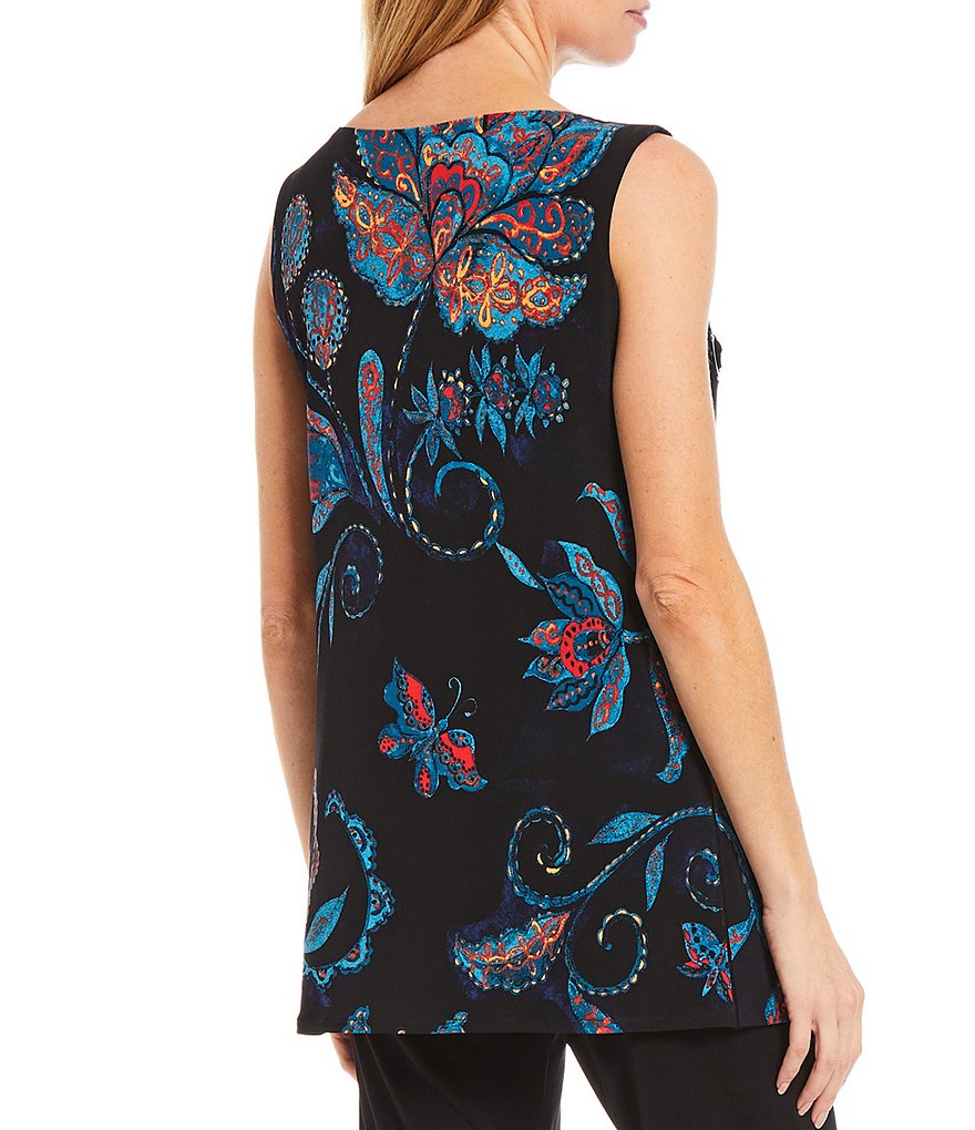 Eva Varro Paisley Floral Print Knit Jersey Side Grommet Boat Neck Sleeveless Tunic