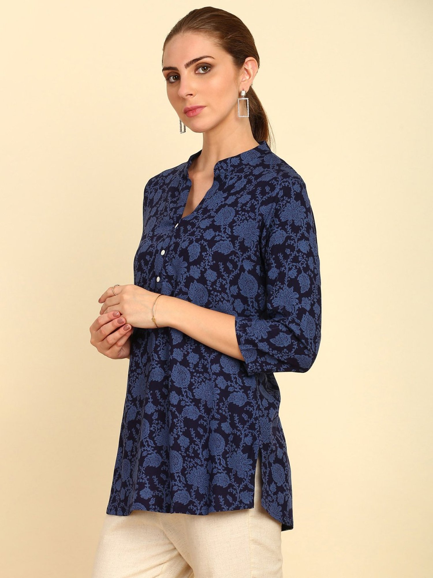 Soch Womens Navy Blue Floral Printed Mandarin Collar Rayon Tunic