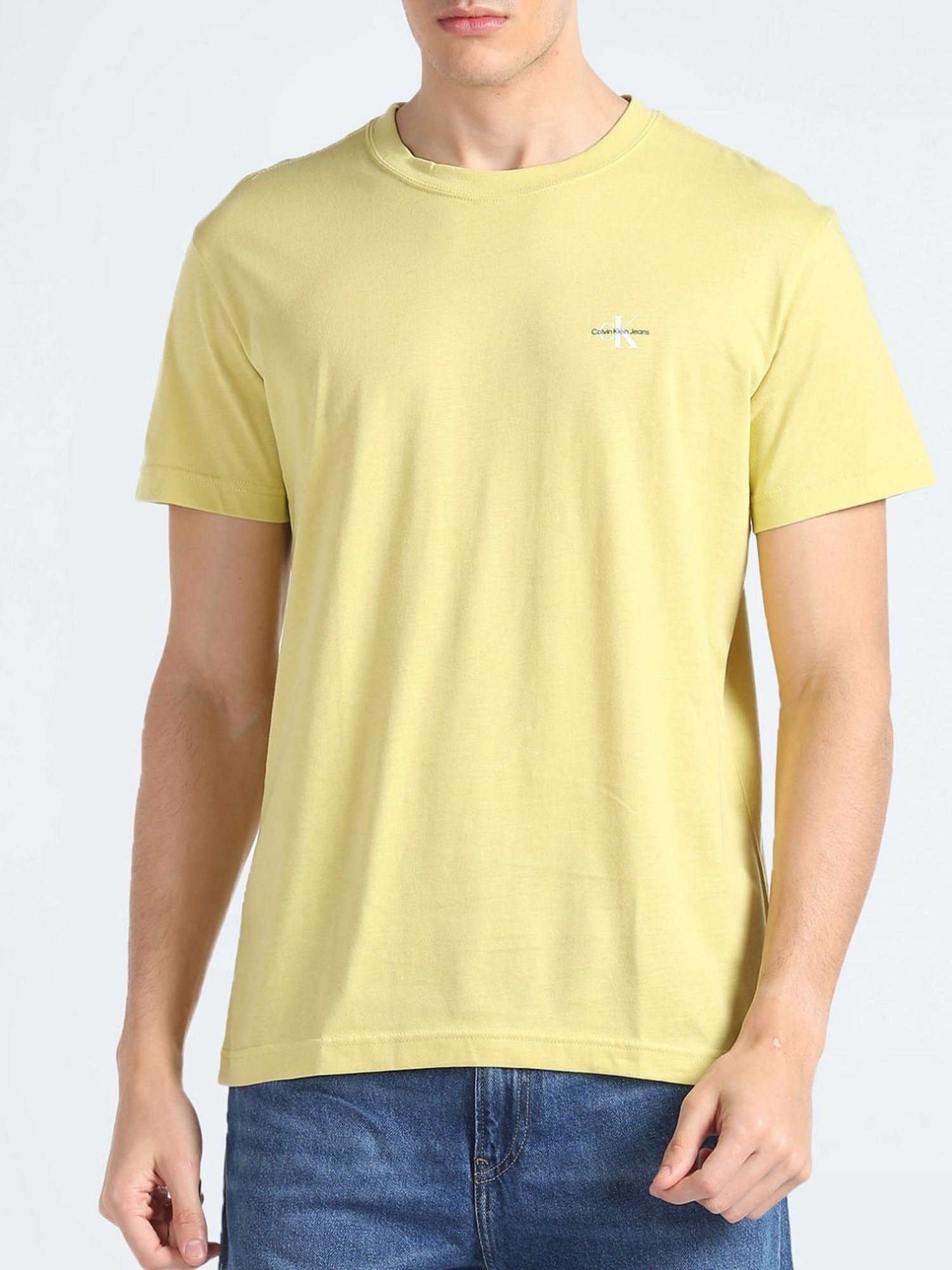 Calvin Klein Jeans Yellow & White Cotton Regular Fit T-Shirt