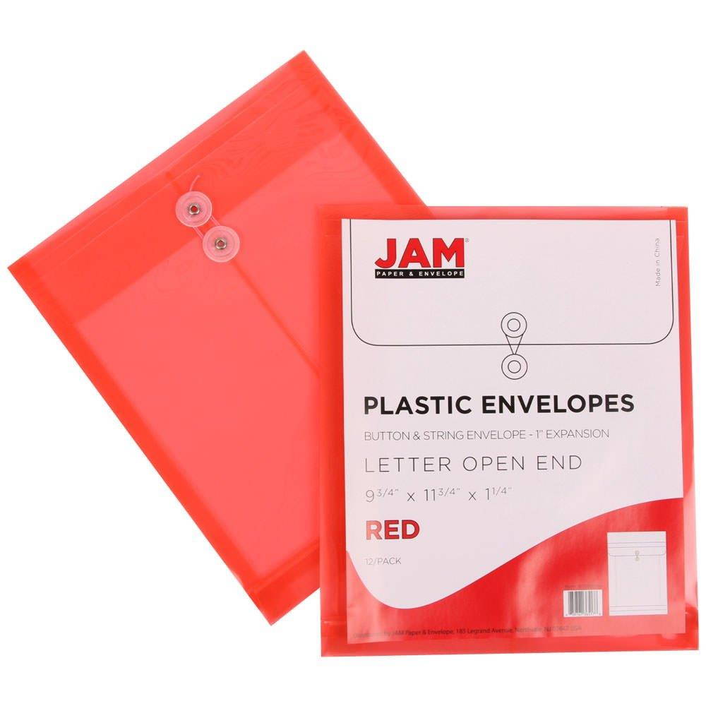 JAM PAPER Plastic Envelopes with Button & String Tie Closure - Letter Open End - 9 3/4 x 11 3/4 - Assorted Colors - 6/Pack