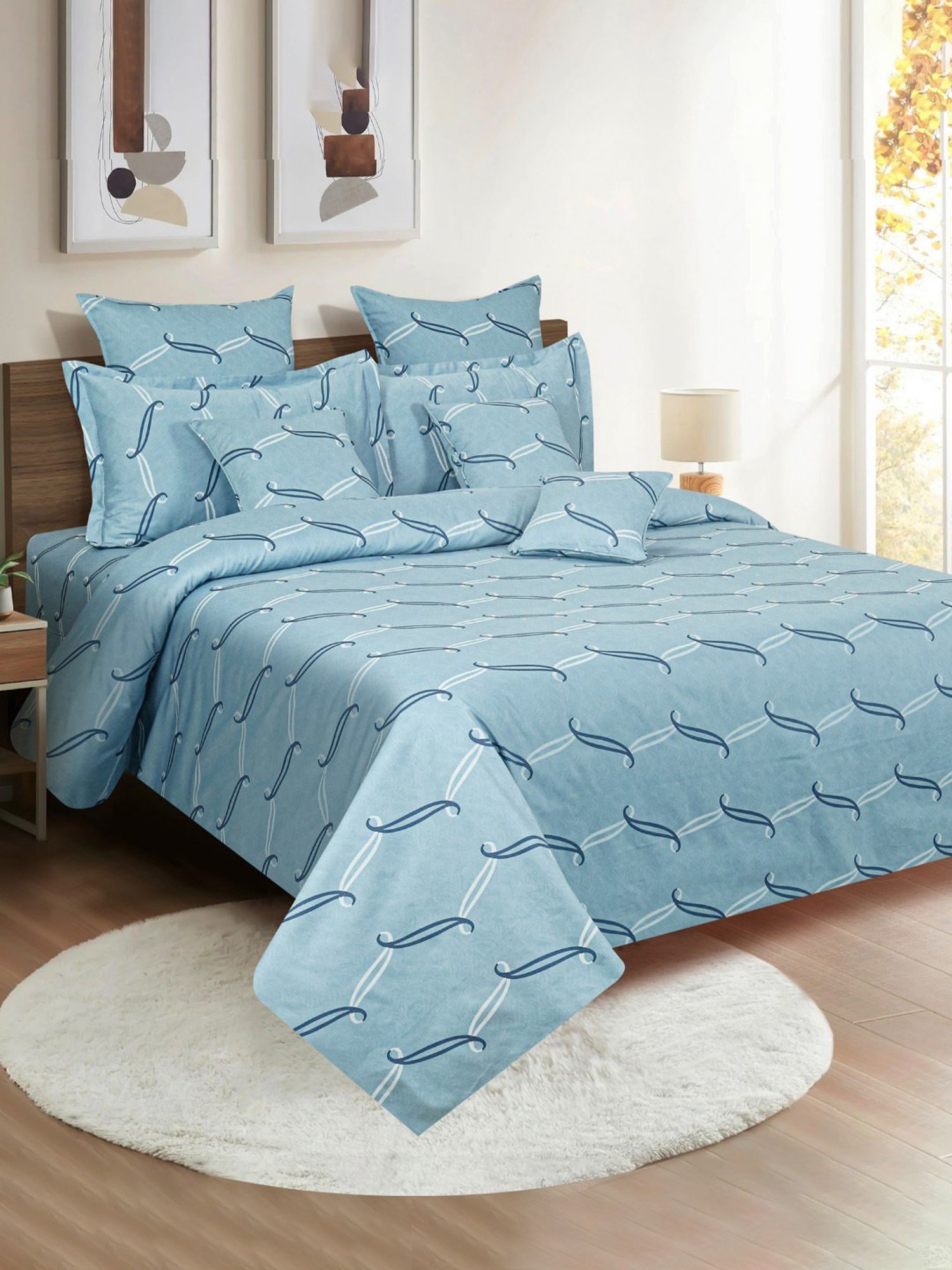 Swayam Dona Abstract Sky Blue 250 TC Cotton King Fitted Fitted Bedsheet with 2 Pillow Covers