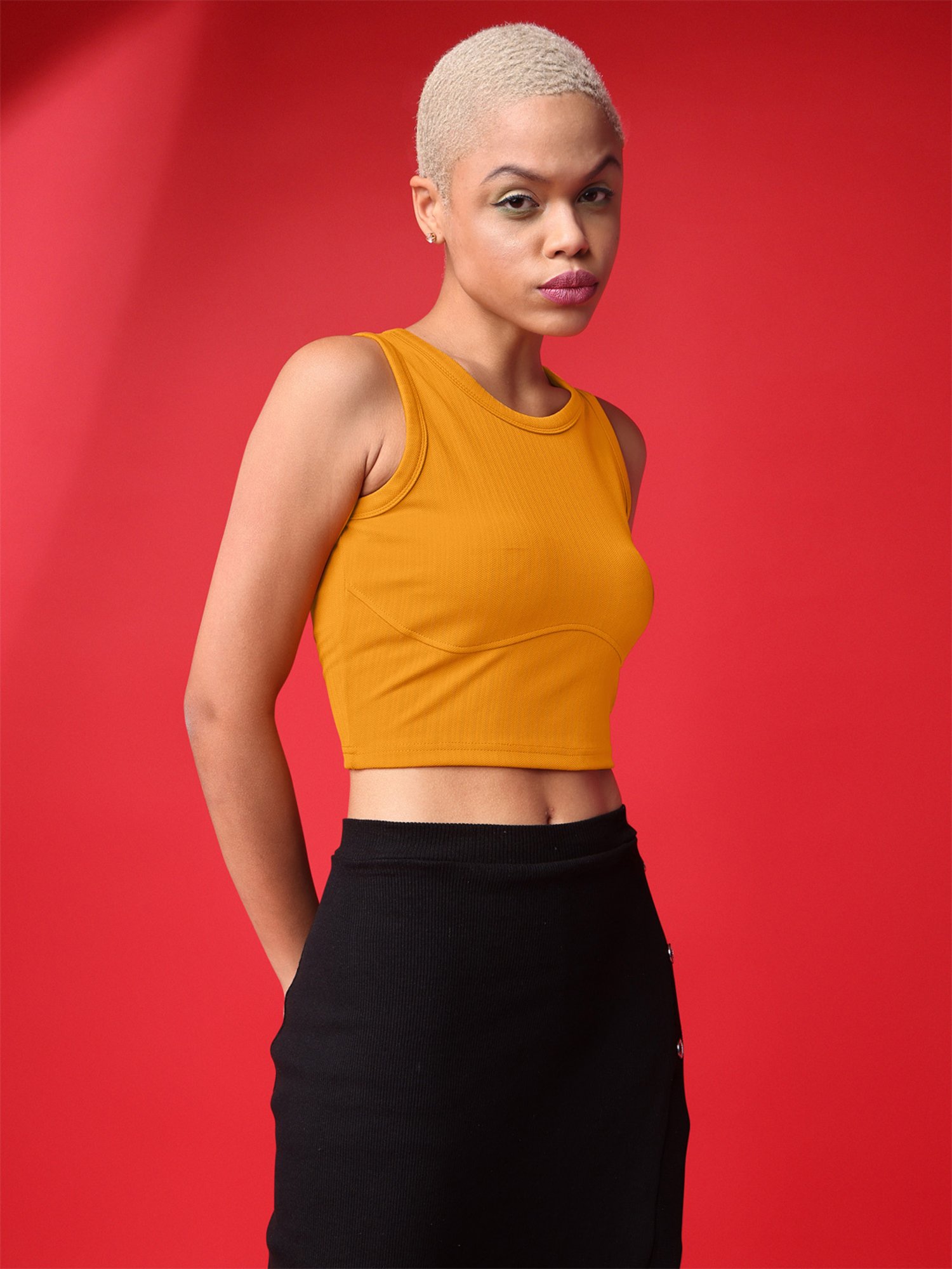 PURVAJA Yellow Regular Fit Crop Top