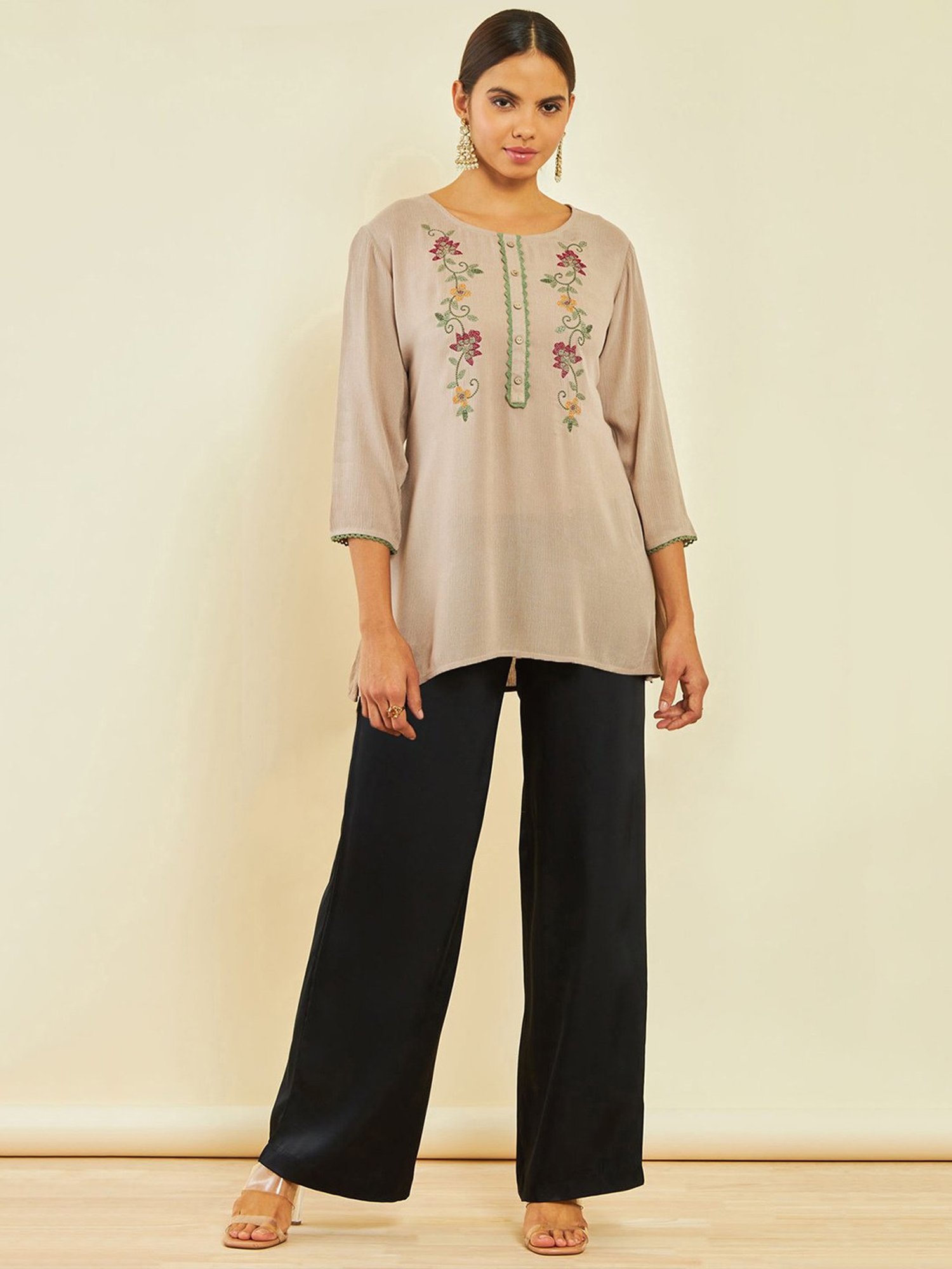 Soch Beige Crepe Floral Threadwork Embroidered Round-Neck Tunic