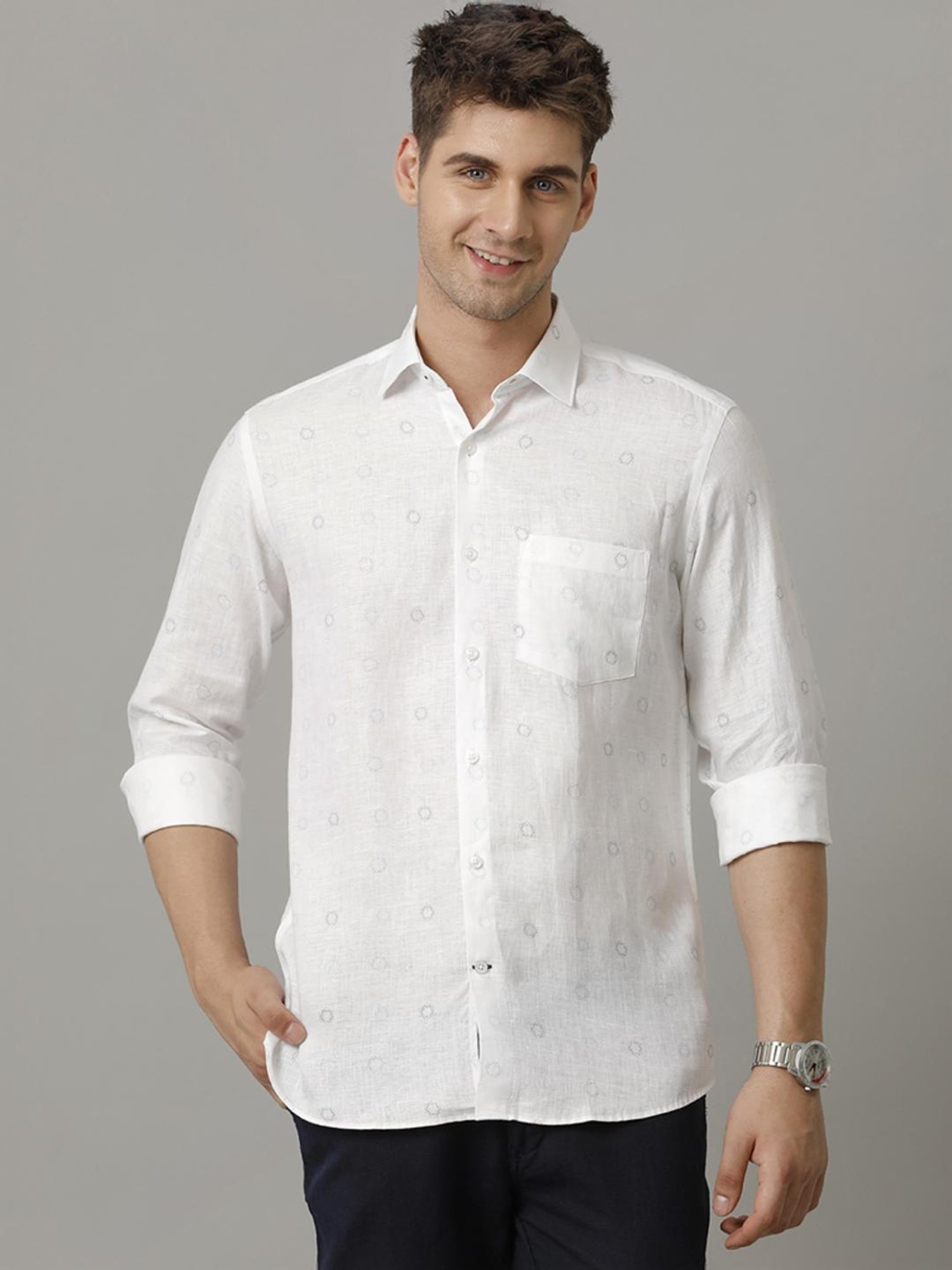 Linen Club White Linen Contemporary Fit Printed Shirt