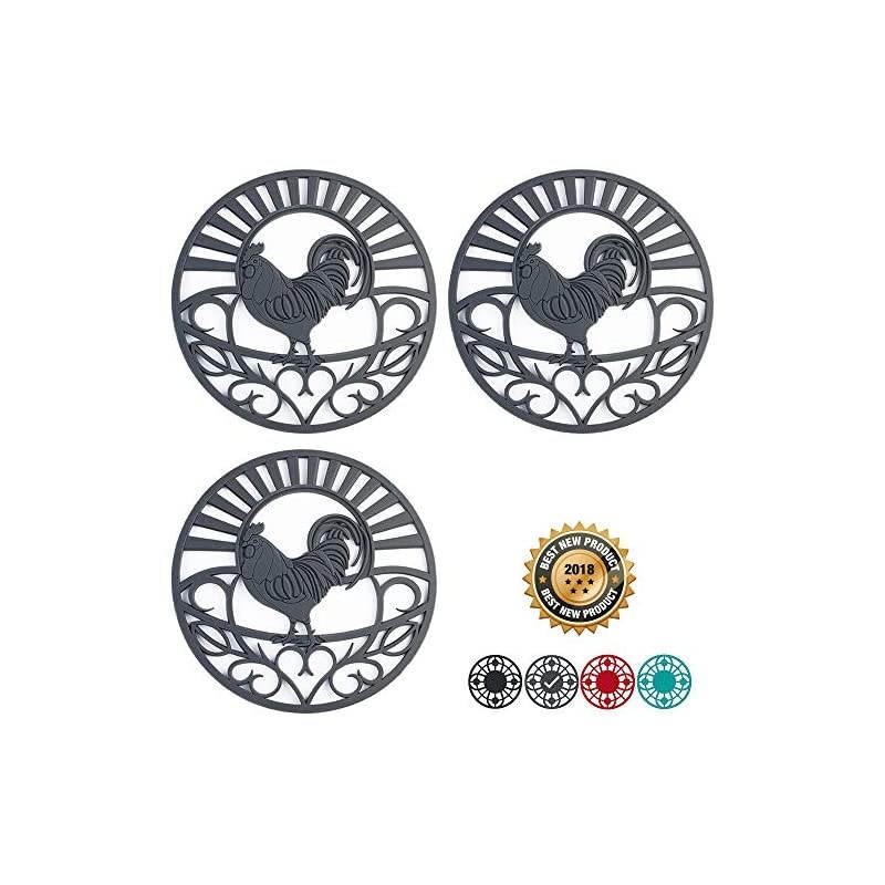 Trivet Set for Hot Dishes, Pots & Pans. These Kitchen Hot Pads 'Fleur De Lis' Design (Symbol of Royalty) Mimics Cast Iron Trivets Without Scratching (7.5 inch Round, Set of 3, Coral Red)