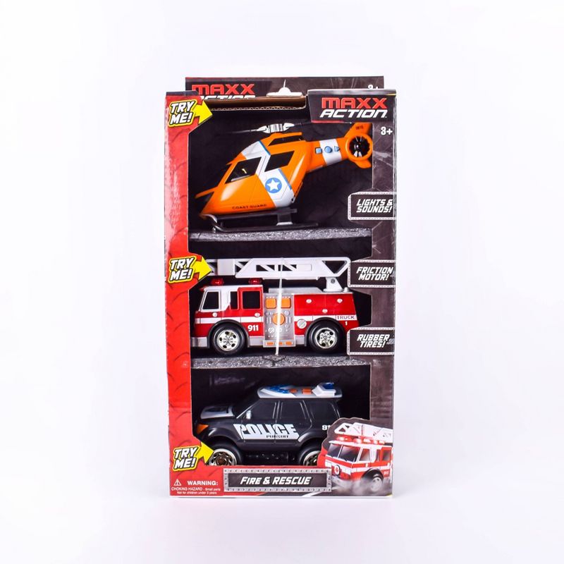 Maxx Action Mini Rescue Lights & Sounds Vehicles – Firetruck, Police Car and Helicopter - 3 pk