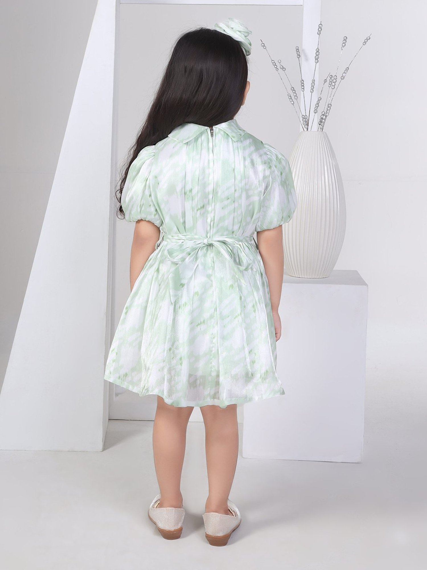 Peppermint Kids Green & White Printed Dress