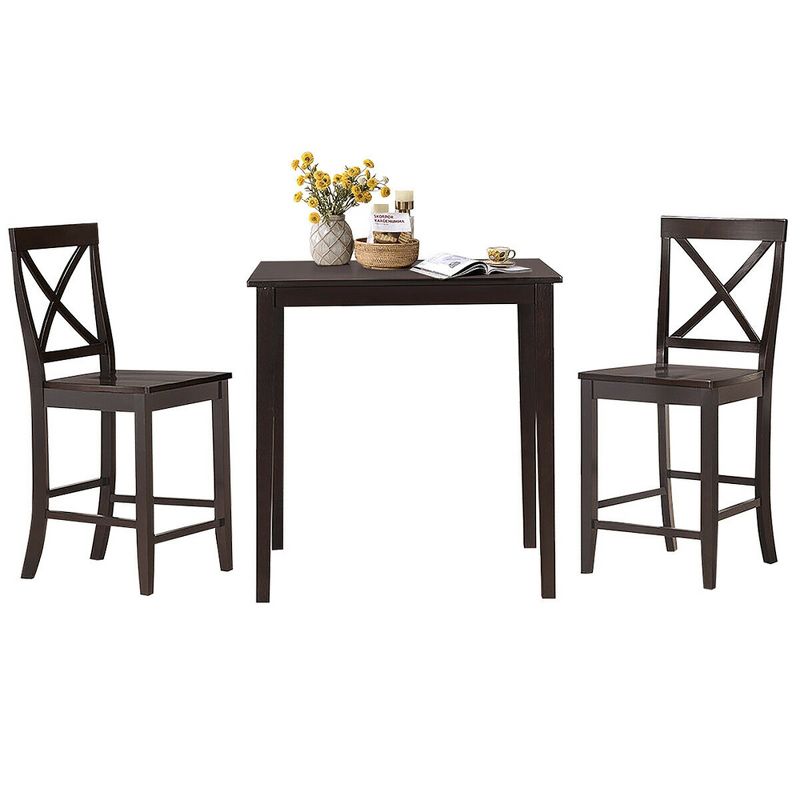 Costway 3-Piece Kitchen Dining Set Counter-Height Square Table with 2 Chairs Rubber Wood Espresso