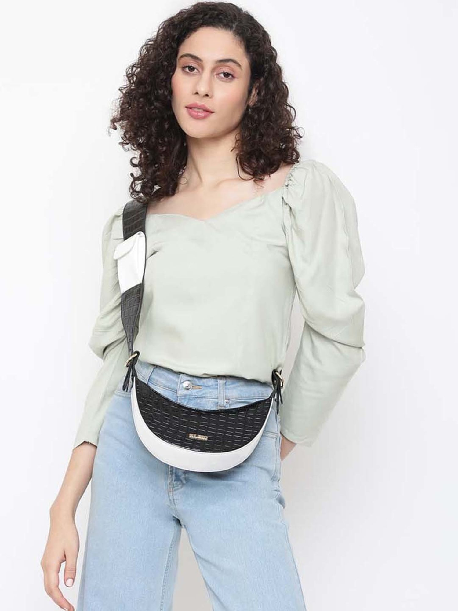 KLEIO Black Textured Medium Sling Handbag