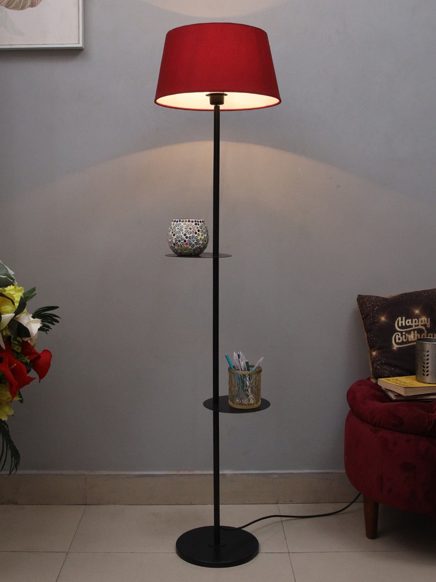 Homesake 'Duo Shelf' Red & Black Metal Tall Floor Lamp With Shade & Bulb - Set of 1
