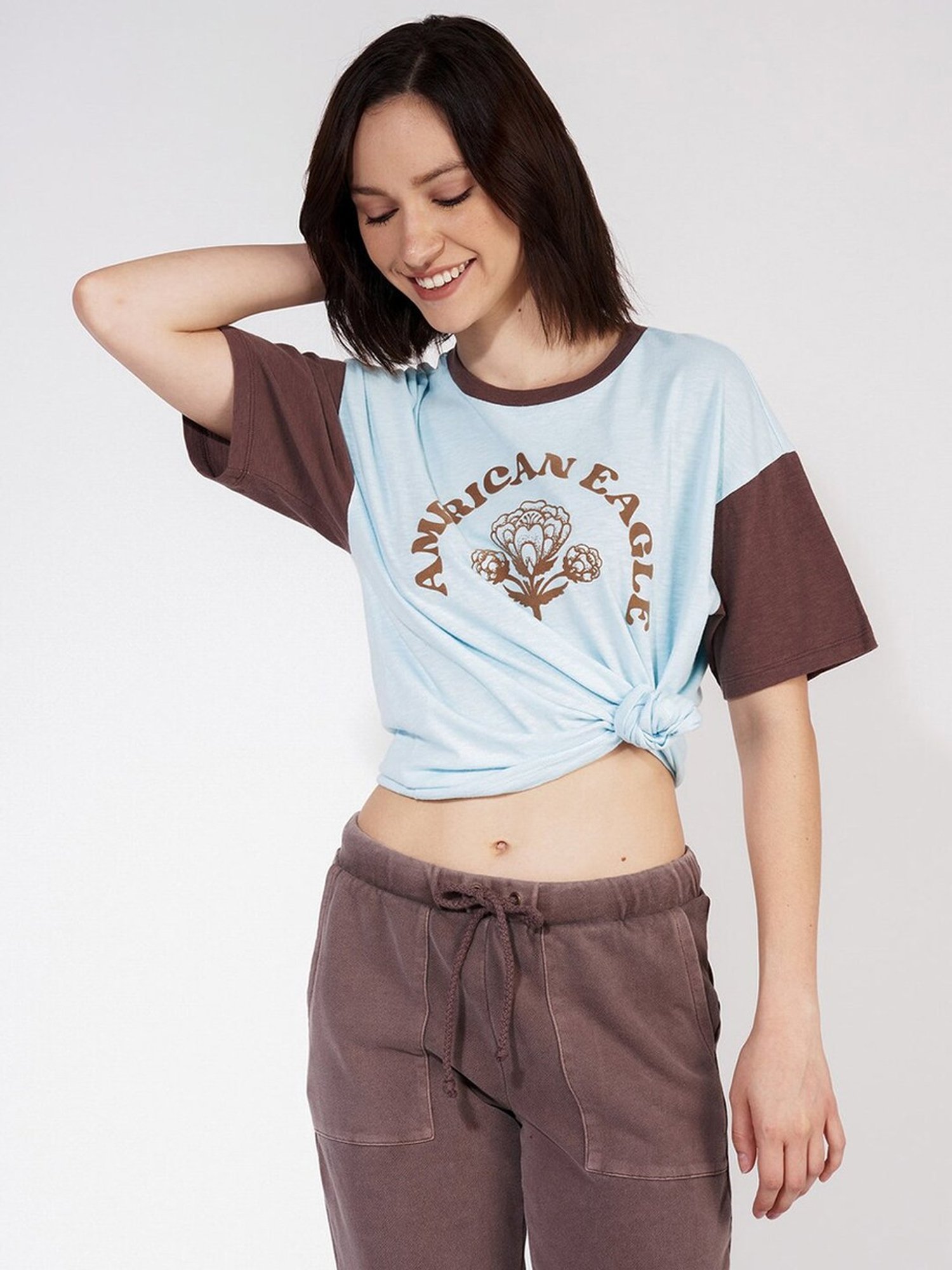 American Eagle Outfitters Blue & Brown Cotton Printed T-Shirt