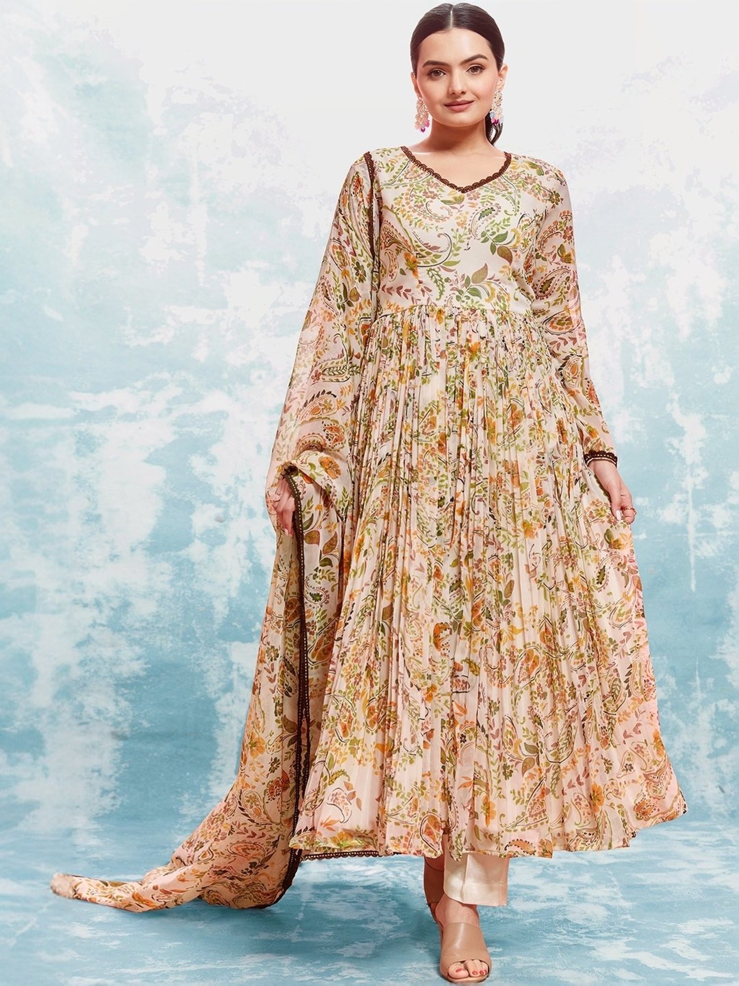 Odette Beige Printed Kurta Pant Set With Dupatta