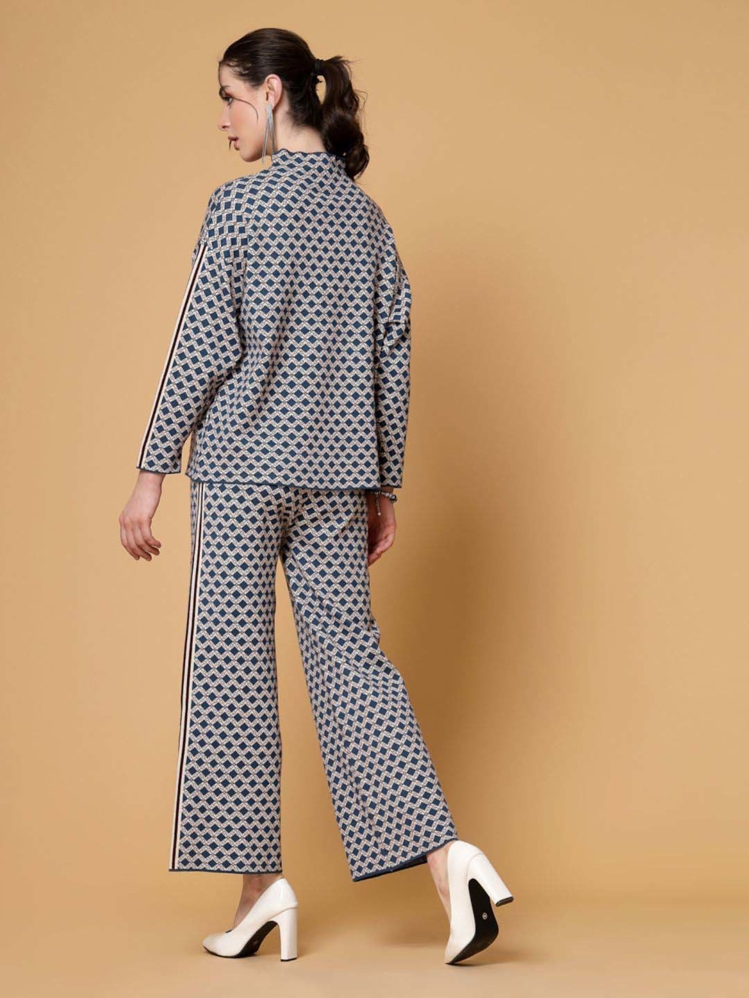 Mafadeny Blue Printed Top Pants Set