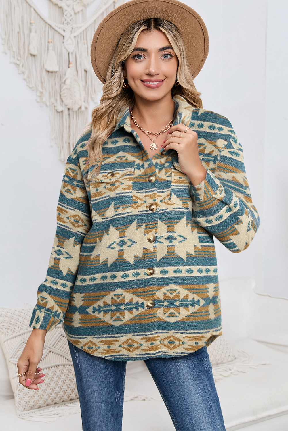 Dark Blue Geometric Print Flap Pockets Button Up Jacket