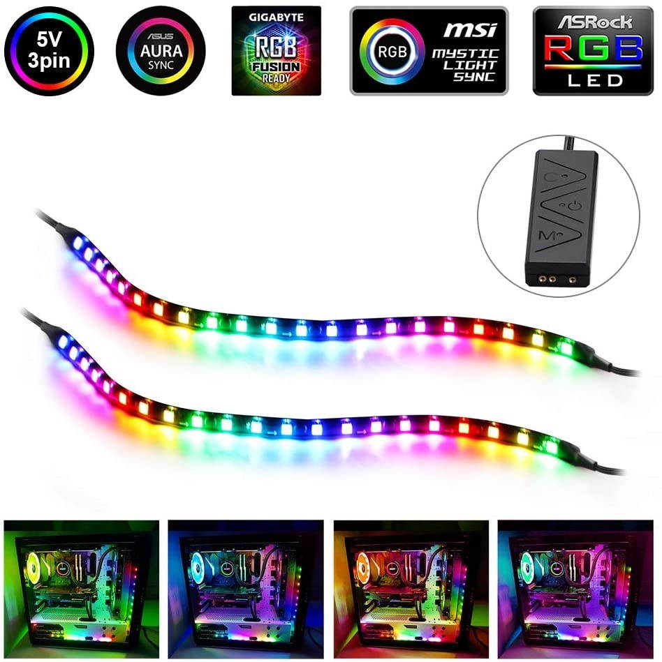 PC Addressable RGB LED Strip Lights Kit - Magnetic Rainbow PC Case Lighting 2PCS 42LEDs ARGB Strip for 5V 3pin RGB Header Motherboard Asus Aura Asrock RGB Led Gigabyte RGB Fusion MSI Mystic Light