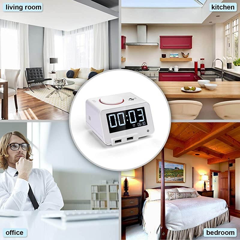Alarm Clocks with Wireless Shaker: 3 Level Intense Vibrating Shaker for Heavy Sleepers/Deaf/Hearing Disorder - Digital Alarm Clocks with Speaker & Dual Charging Ports for iPhone (White)