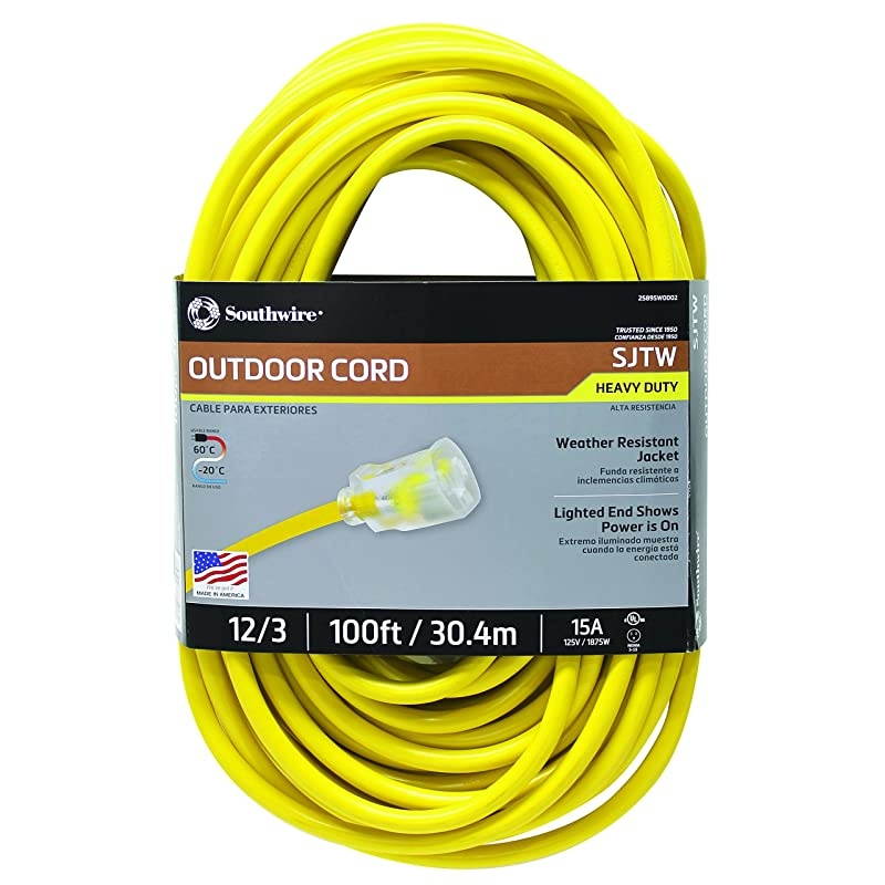 25890002 2589SW0002 Outdoor Cord123 American Made SJTW Heavy Duty 3 Prong Extension Cord Water Resistant Vinyl Jacket for Commercial Use and Major Appliances Foot Yellow 100 Feet