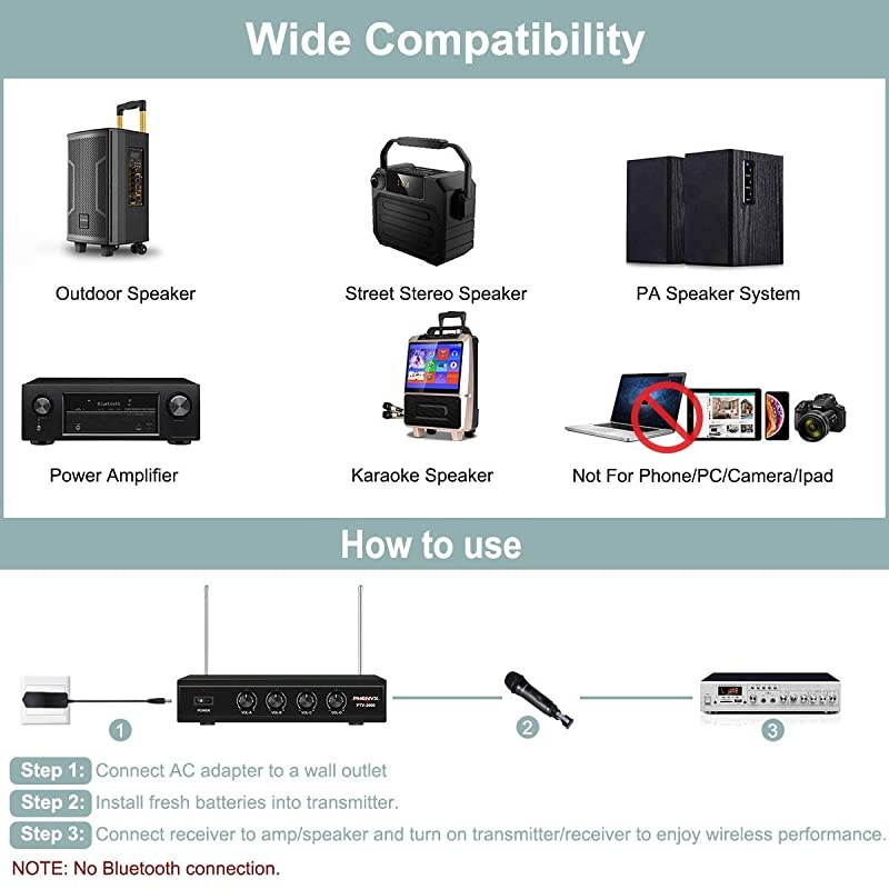 Wireless Microphone System,  4-Channel VHF Wireless Microphone Set with 2 Handhelds/2 Bodypacks/2 Lapels/ 2 Headset, Metal Receiver, Ideal for Church, Meeting, Conference(PTV-2000B)