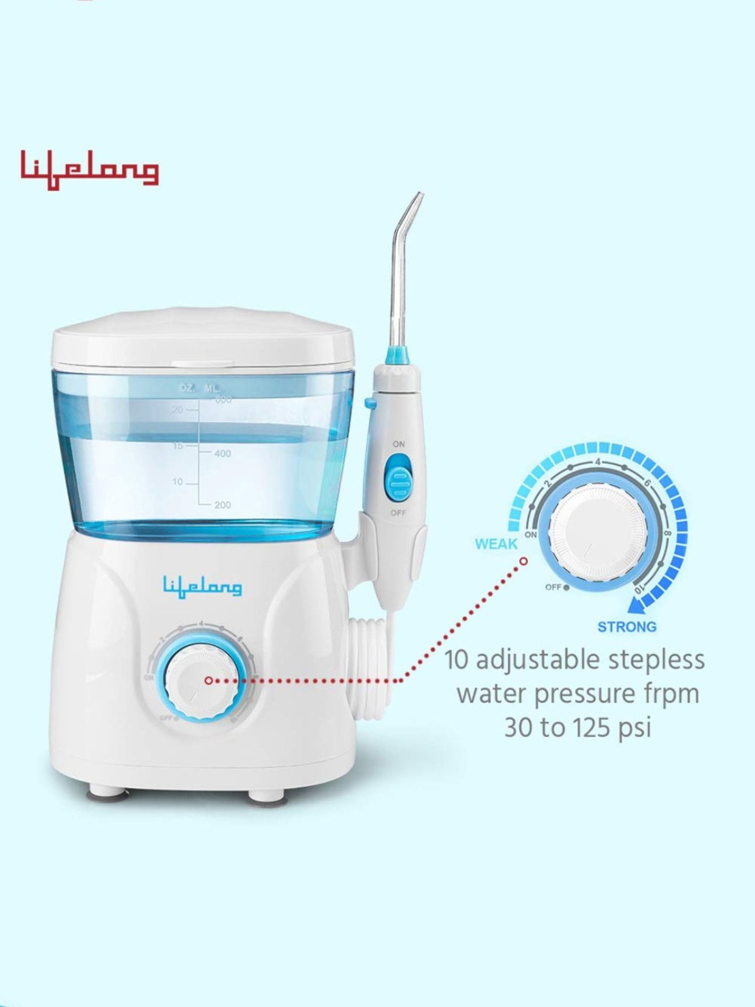 Lifelong LLDC27 Table Top Flosser, 10 Pressure Modes and 600ml Tank for Flossing at Home (White)