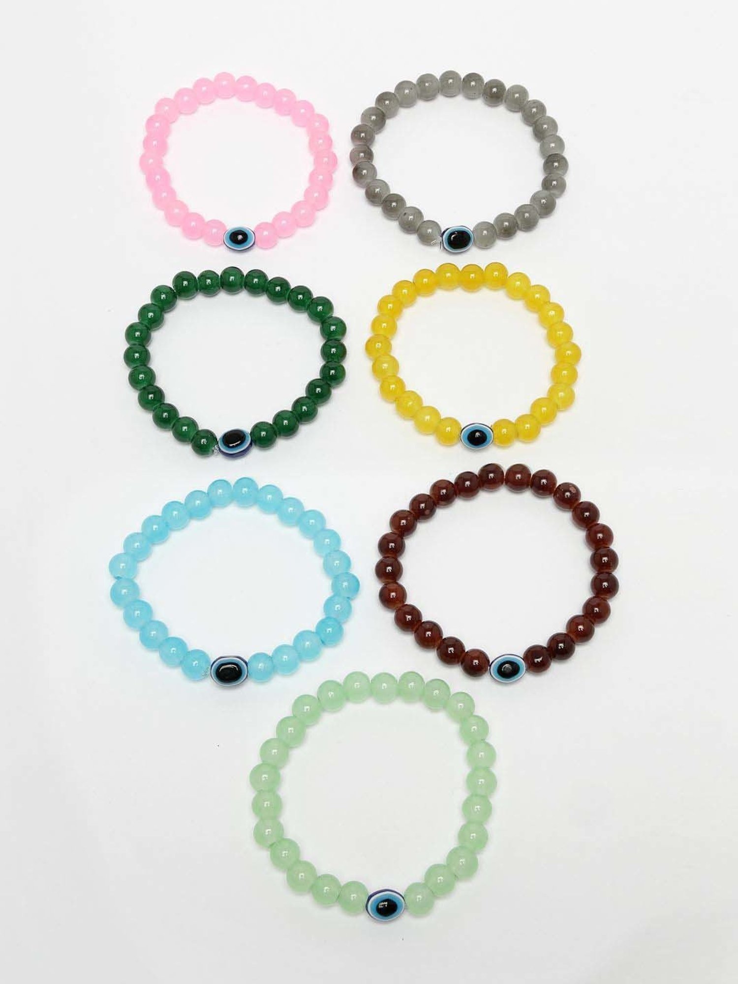 NVR Crystals Beaded Evil Eye Elasticated Bracelet for Unisex - Set Of 7