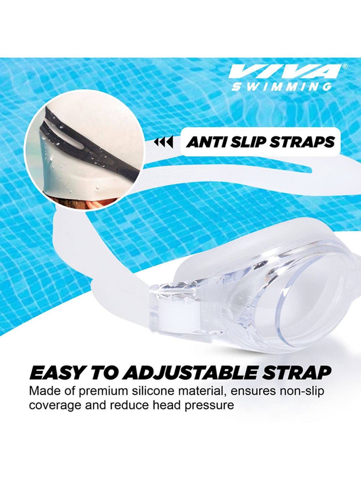 Viva Swimming Flex Double Silicone Strap Swimming Goggle (White)