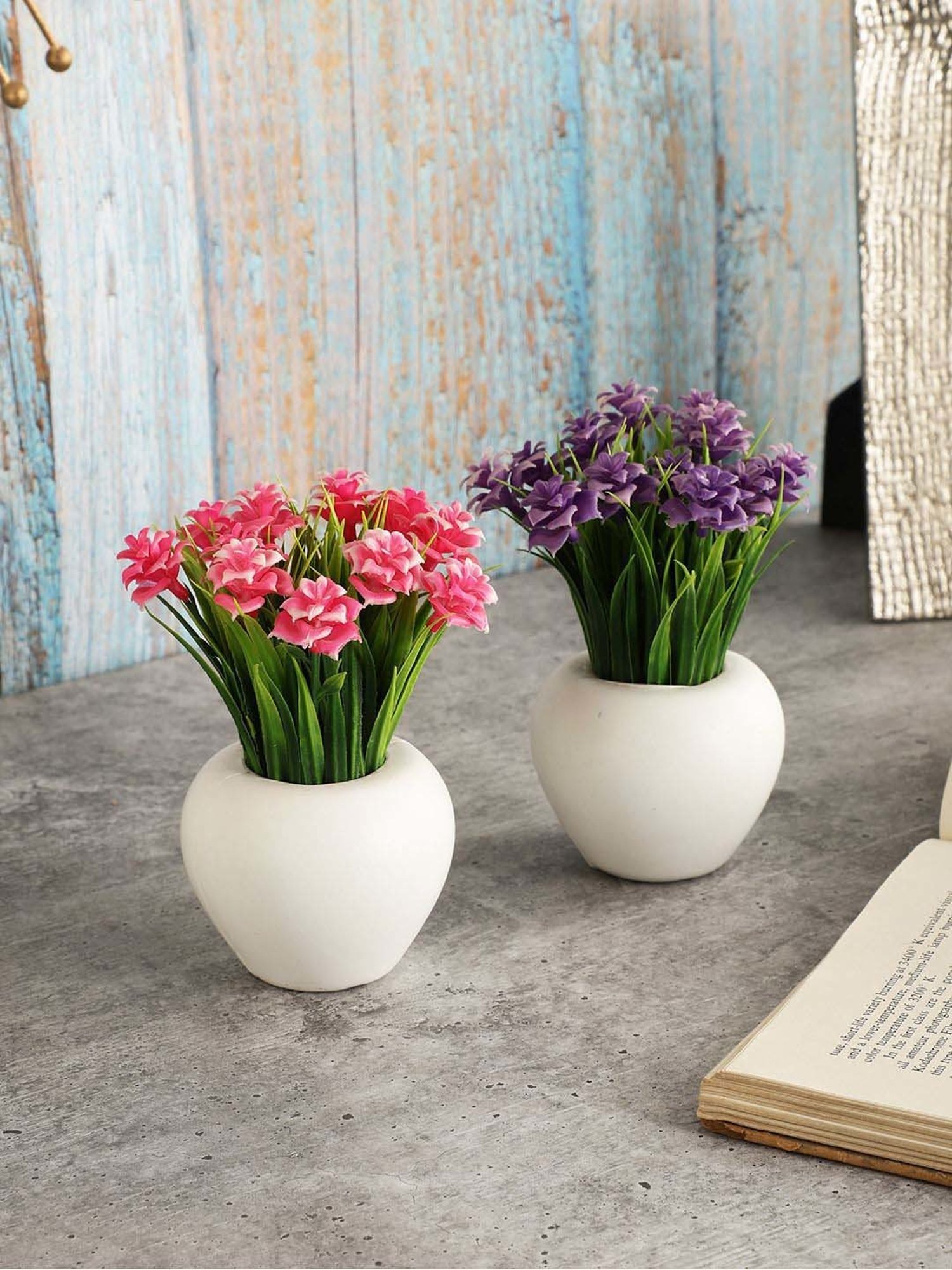 Foliyaj Multicolor Plastic Artificial Mini Plants With Roses - Set of 2