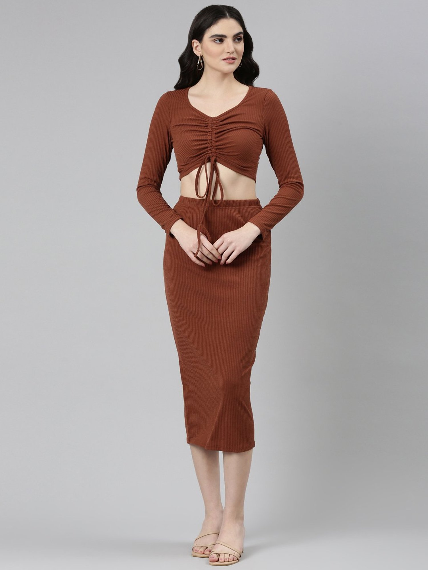 SHOWOFF Brown Acrylic Midi Crop Top With Skirt