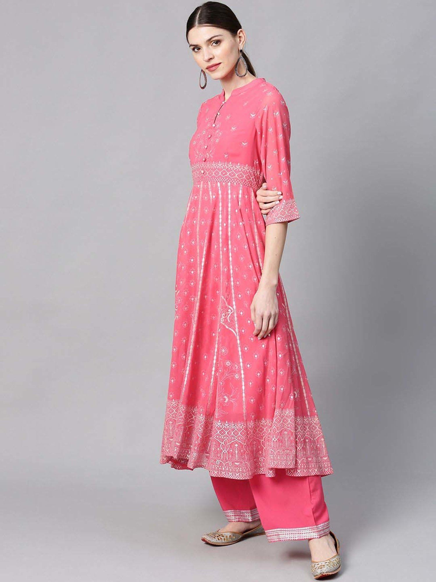 Juniper Coral Ethnic Motif Printed Georgette Anarkali Kurta & Palazzo Set With Buttons