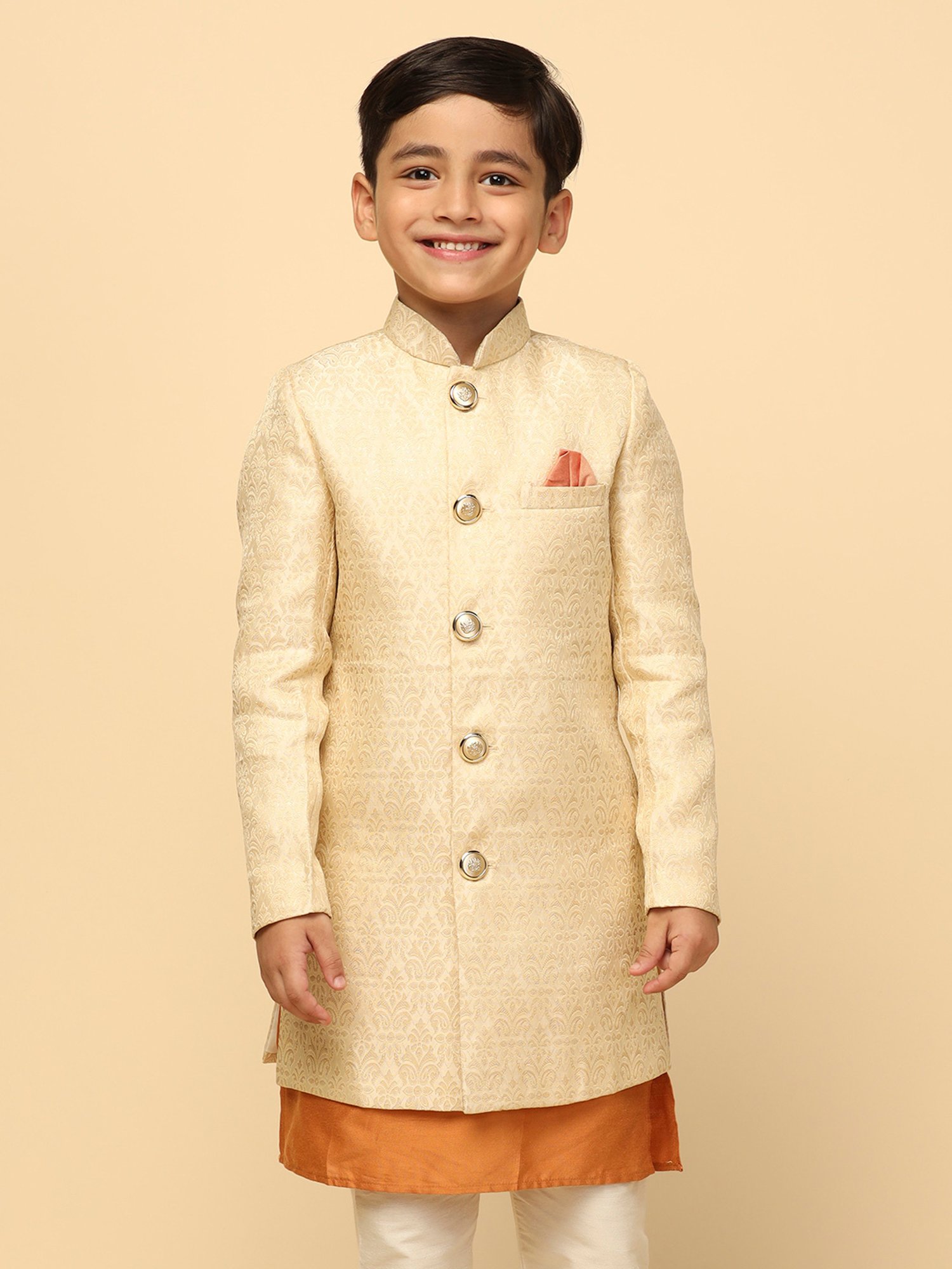 KISAH Boys Beige Embroidered Full Sleeves Sherwani