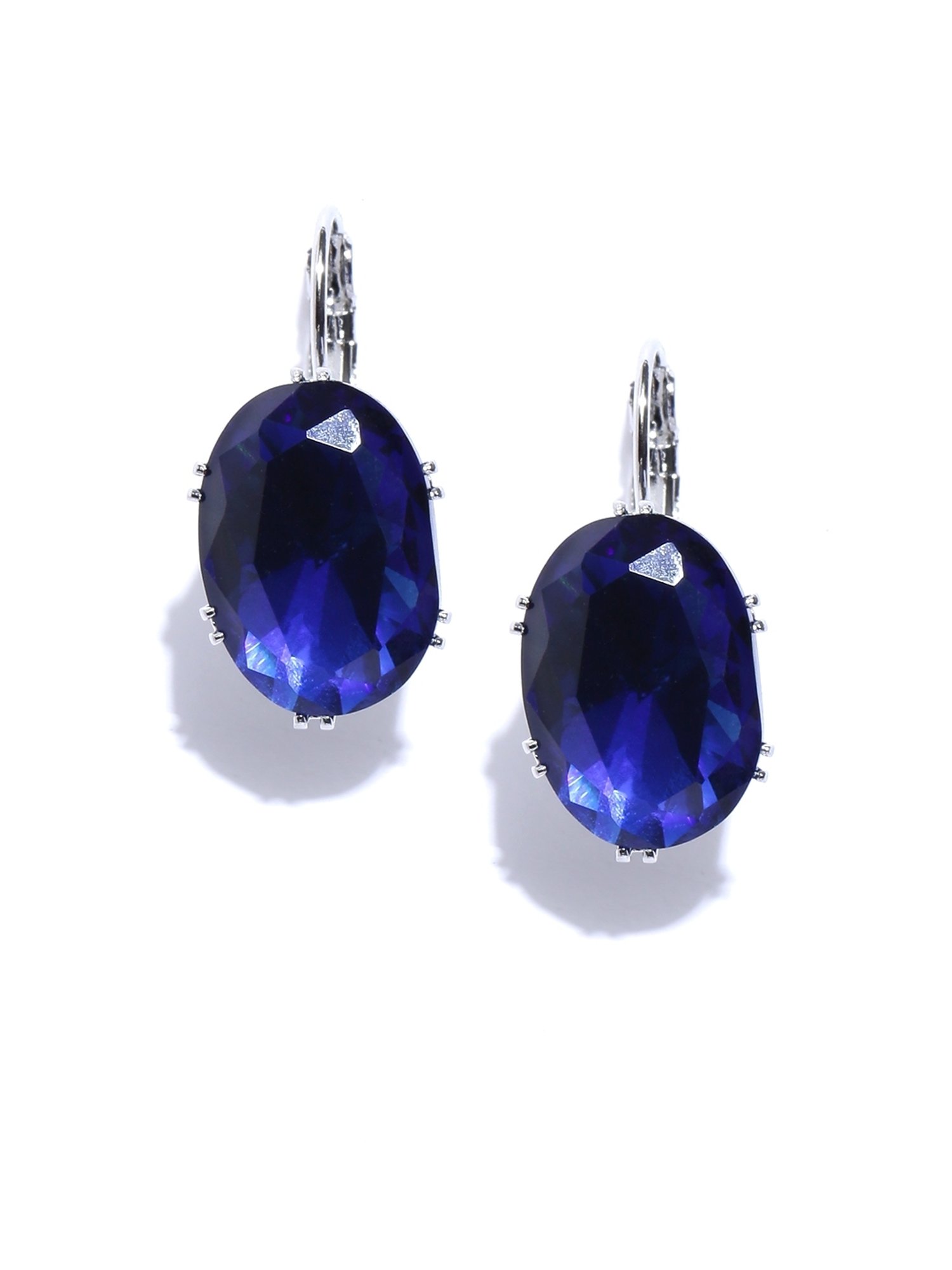 OOMPH Silver Tone Oversized Oval Deep Blue Cubic Zirconia Office-Wear Drop Earrings for Women