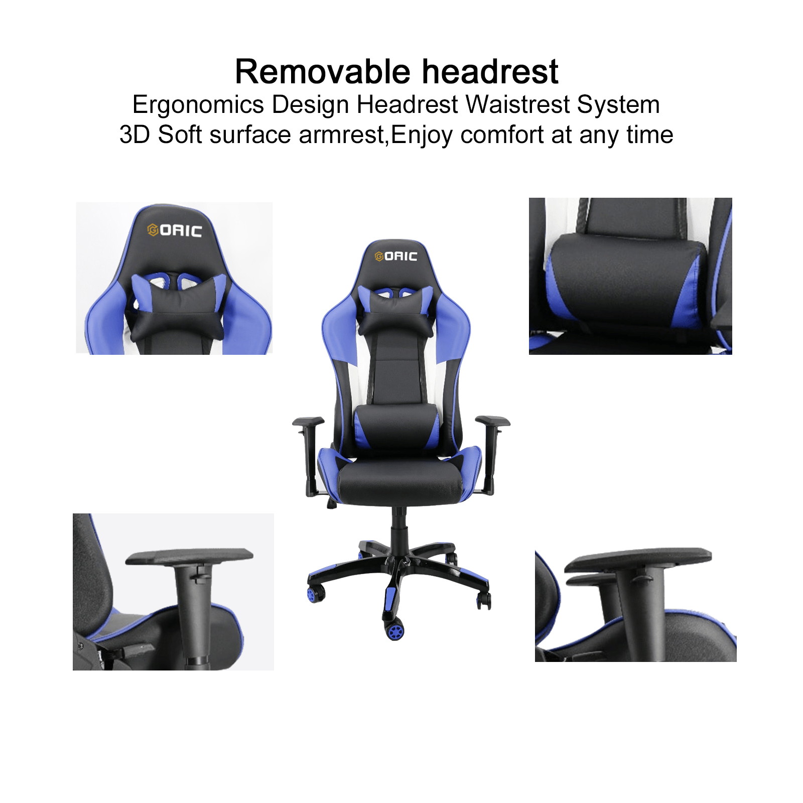 Goaic Gaming Chair Office Desk Chair Ergonomic High Back PC Desk Chair Adjustable 3D Armrests Gamer Chair, Computer Gaming Recliner Chair with Headrest and Lumbar Pillow Support (Black/Bule)