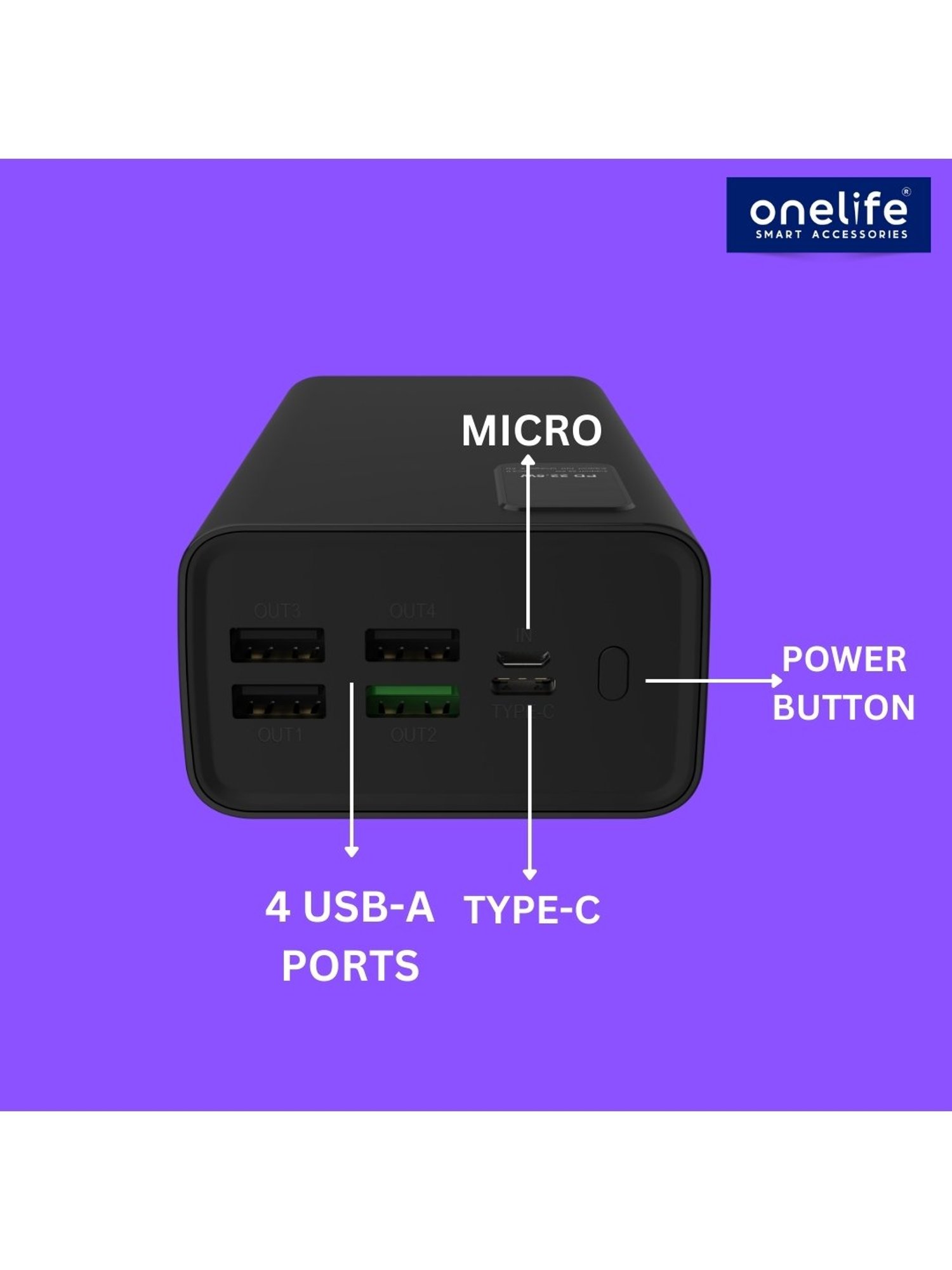 Onelife Power 10, 30000 mAh 22.5 Watt Power Bank with Quick Charge (Black)
