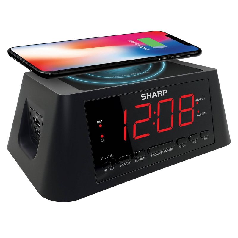 2/2 Amp USB Charge Alarm Clock with QI Wireless Black - Sharp