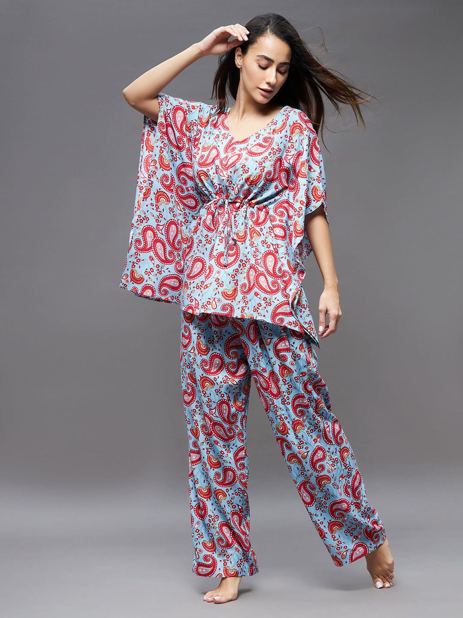 Miss Chase Blue & Red Rayon Printed Kaftan With Pyjamas