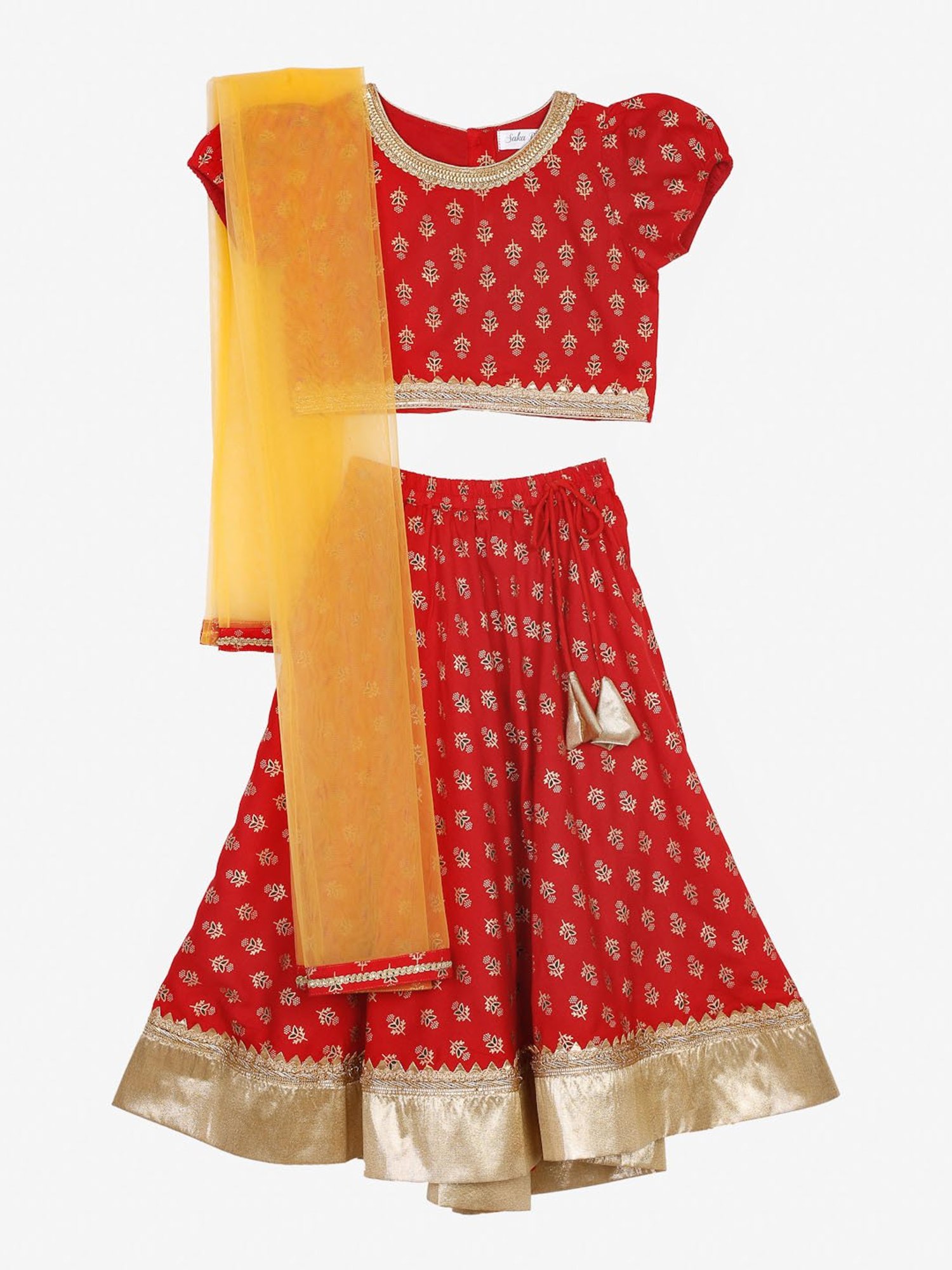 Saka Designs Kids Red & Gold Foil Print Lehenga with Choli & Dupatta
