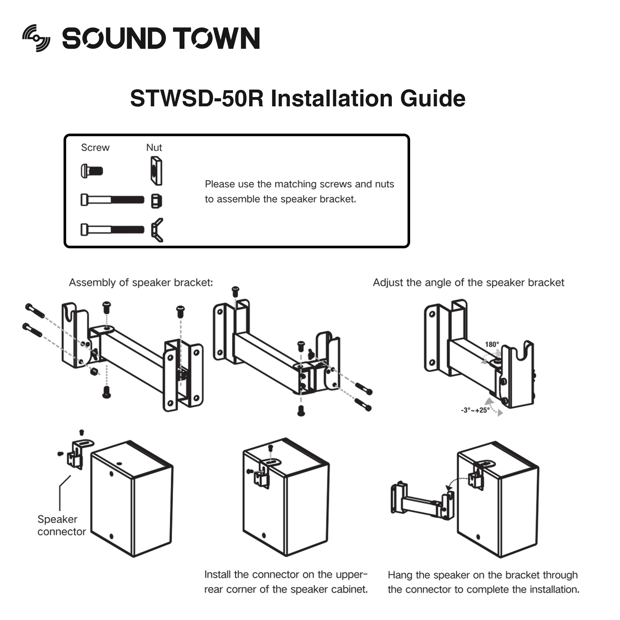 Sound Town 2-Pack Adjustable Wall Mount Speaker Brackets with 180-degree Swivel, 28-degree Tilt Adjustment, Speaker Connectors (STWSD-50R-PAIR)
