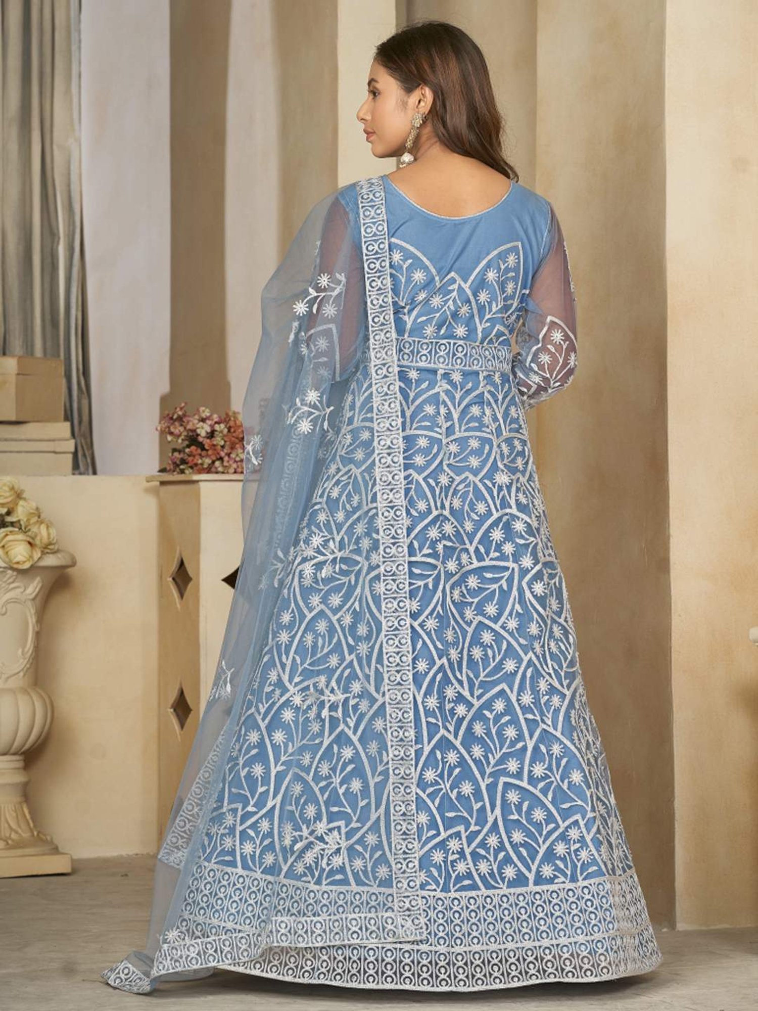 Warthy Ent Blue Embroidered Unstitched Dress Material