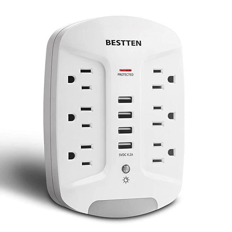 Wall Outlet USB Charger with LED Night Light and Surge Protector (1080 Joules), 4 USB Ports (5V/4.2A), 6 AC Outlets (15A/125V/1875W), Photocell Night Light, ETL Listed, White