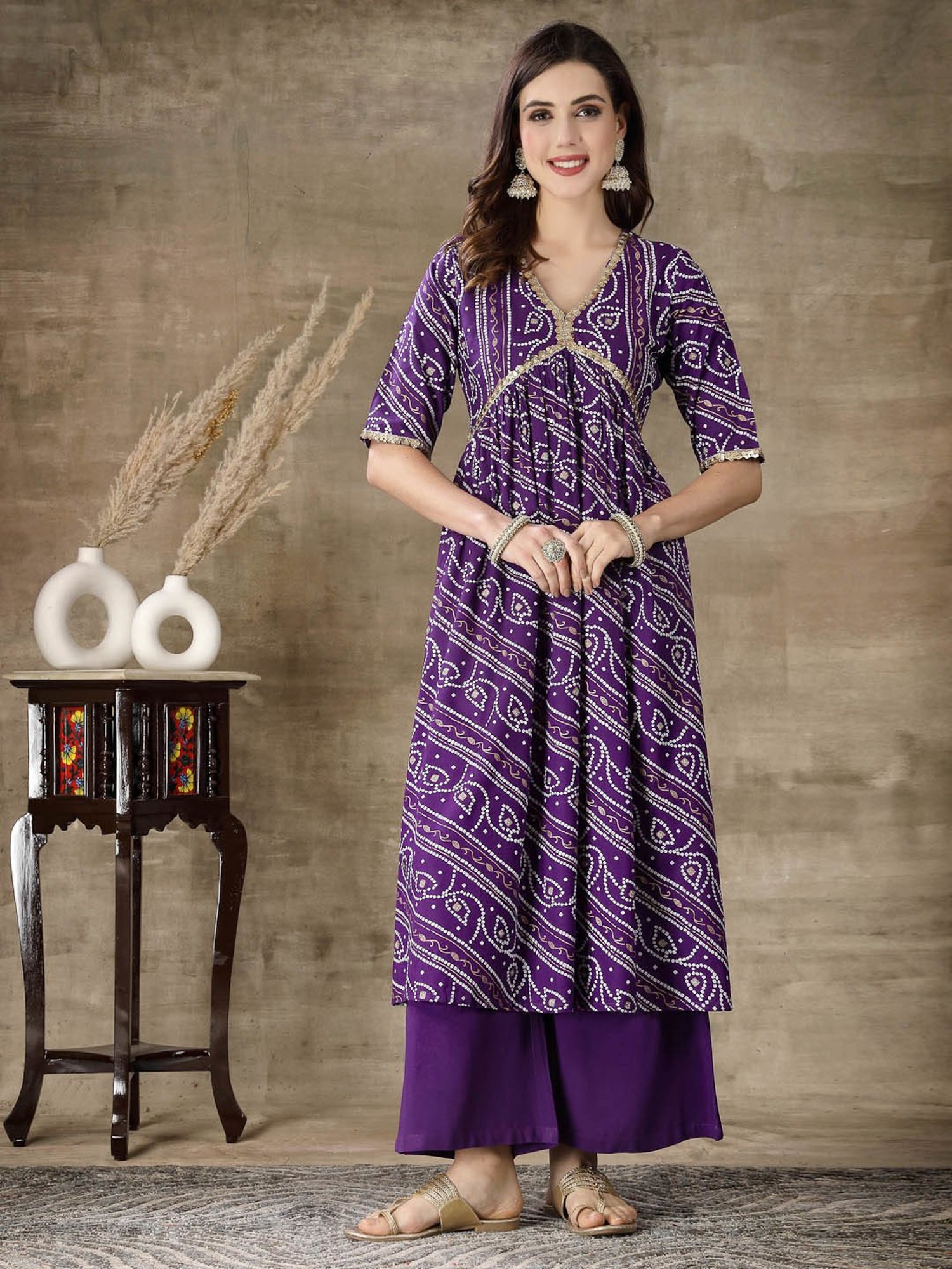 Stylum Violet Rayon Bandhani Print Kurta With Palazzo & Dupatta