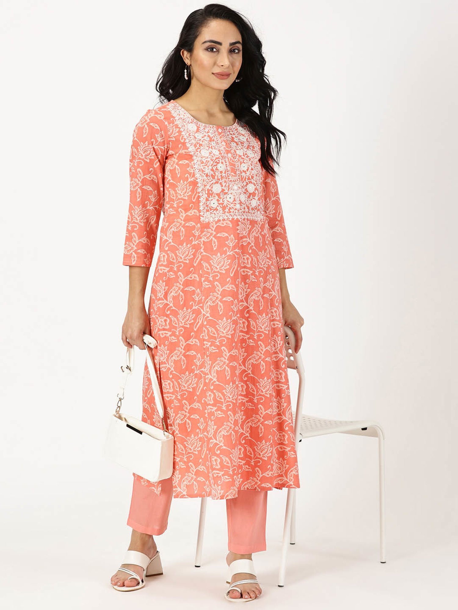 Saffron Threads Coral Cotton Floral Print Straight Kurta